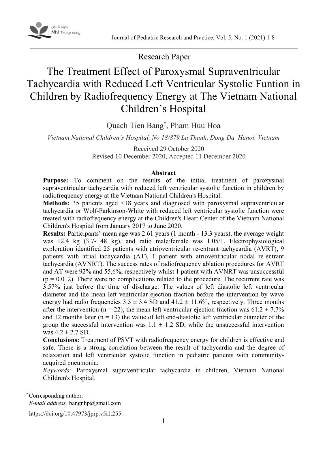The treatment effect of paroxysmal supraventricular tachycardia with reduced left ventricular systolic funtion in children by radiofrequency energy at the Viet Nam national children’s hospital trang 1