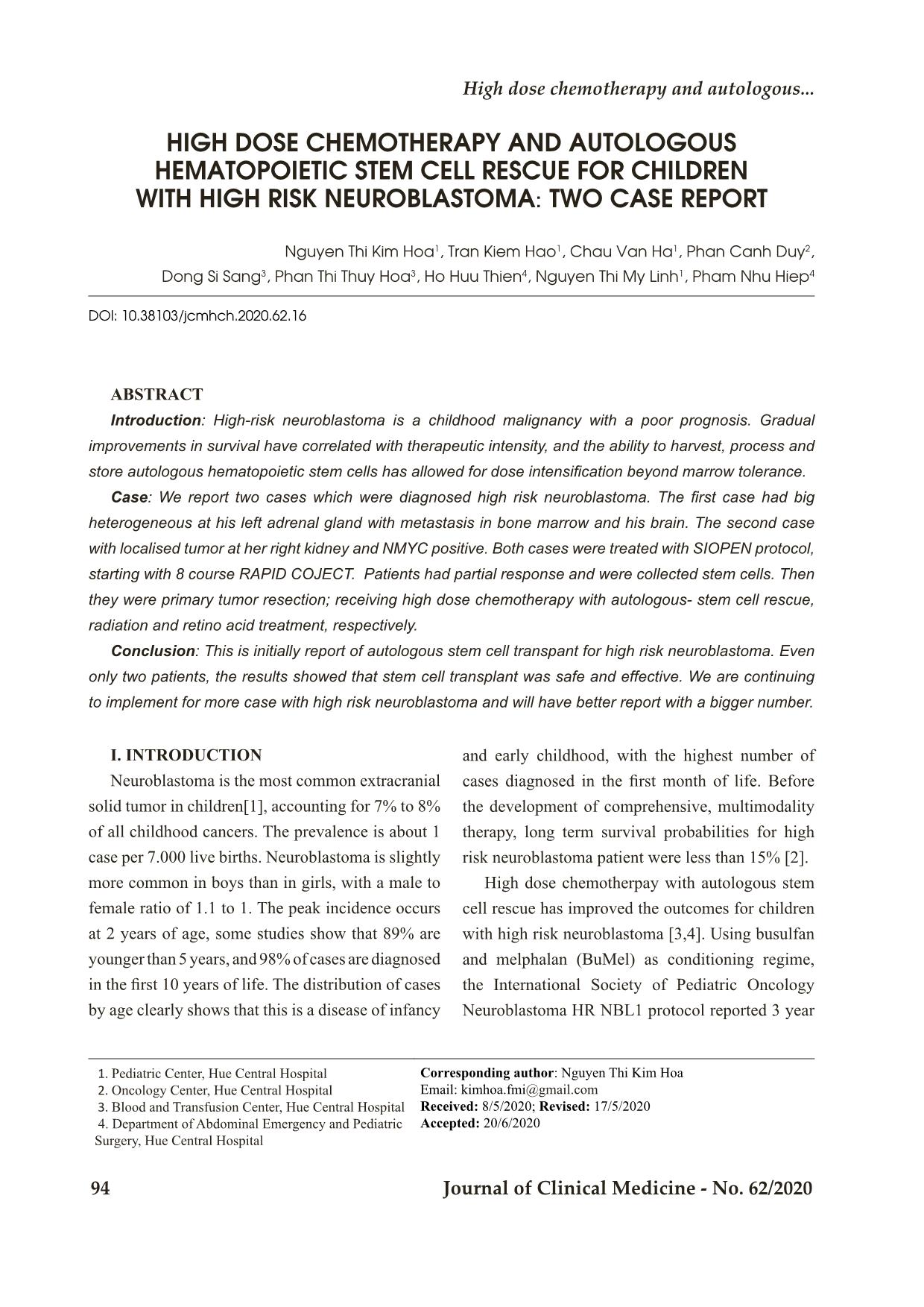 High dose chemotherapy and autologous hematopoietic stem cell rescue for children with high risk neuroblastoma: Two case report trang 1