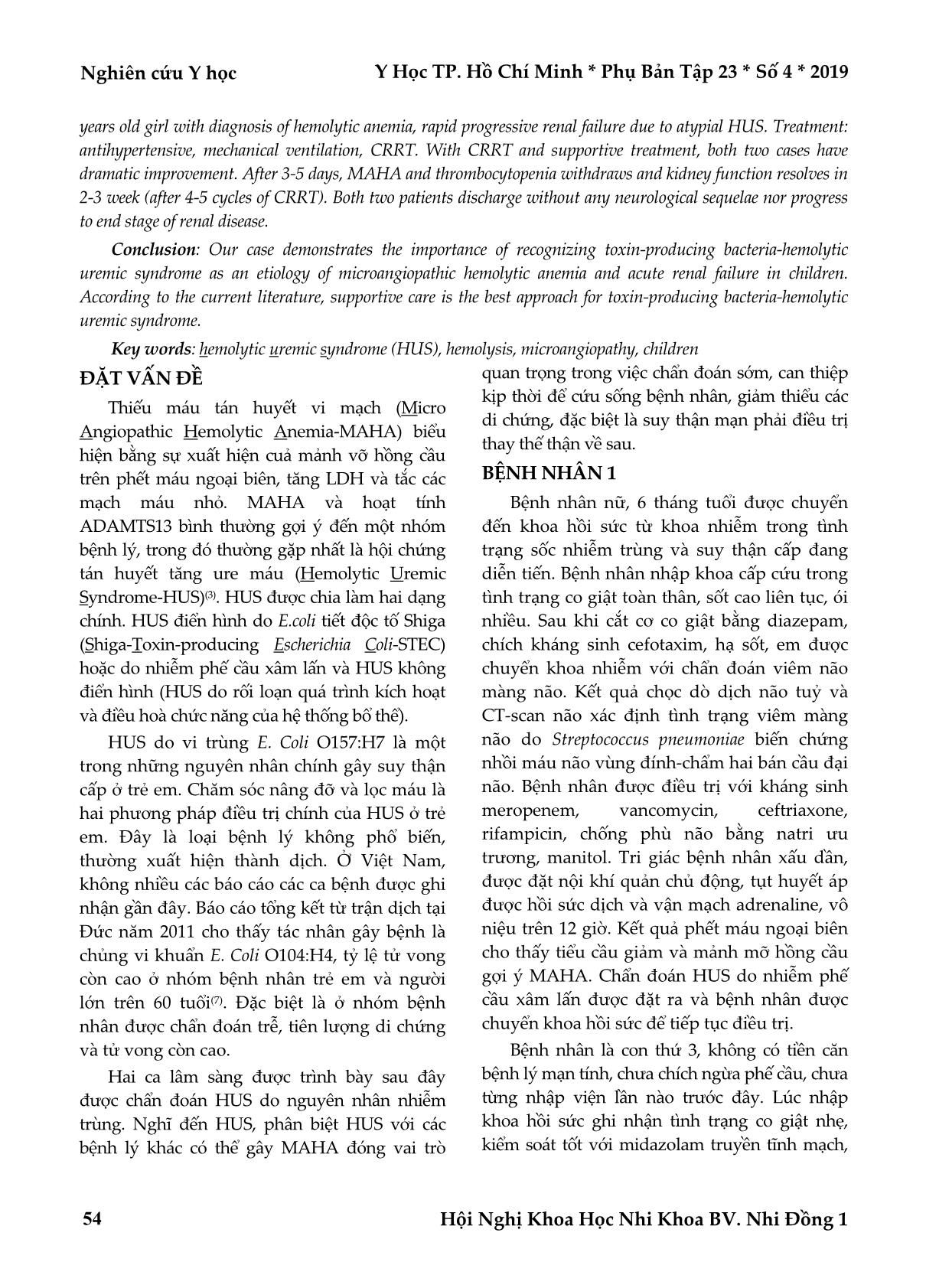 Hội chứng tán huyết tăng urê huyết ở trẻ em: Báo cáo hai trường hợp tại khoa hồi sức tích cực – chống độc bệnh viện Nhi đồng 1 trang 2