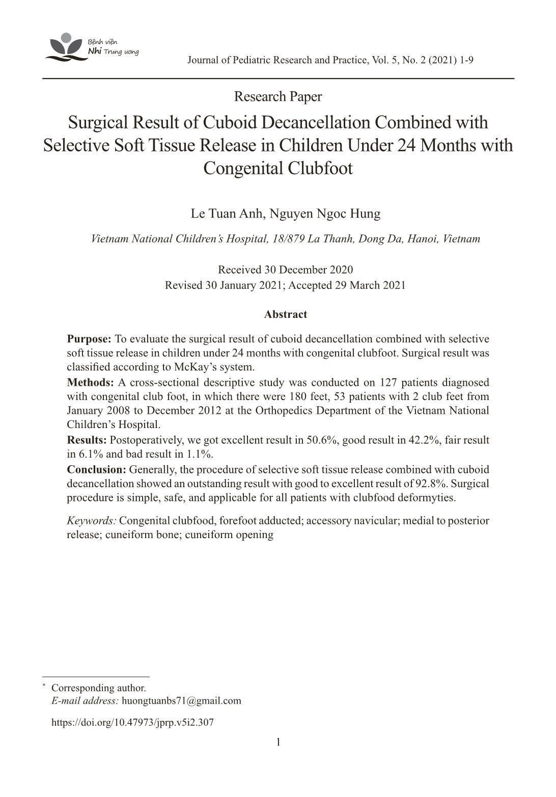 Surgical result of cuboid decancellation combined with selective soft tissue release in children under 24 months with congenital clubfoot trang 1