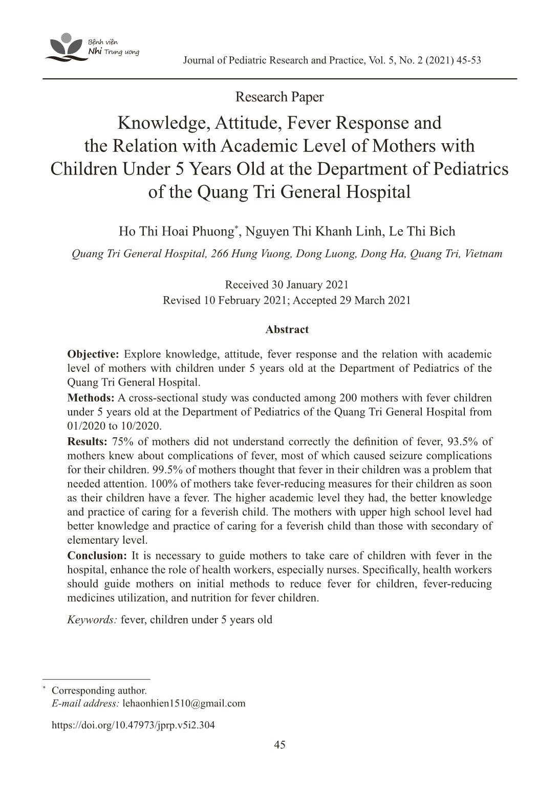 Knowledge, attitude, fever response and the relation with academic level of mothers with children under 5 years old at the department of pediatrics of the Quang Tri general hospital trang 1