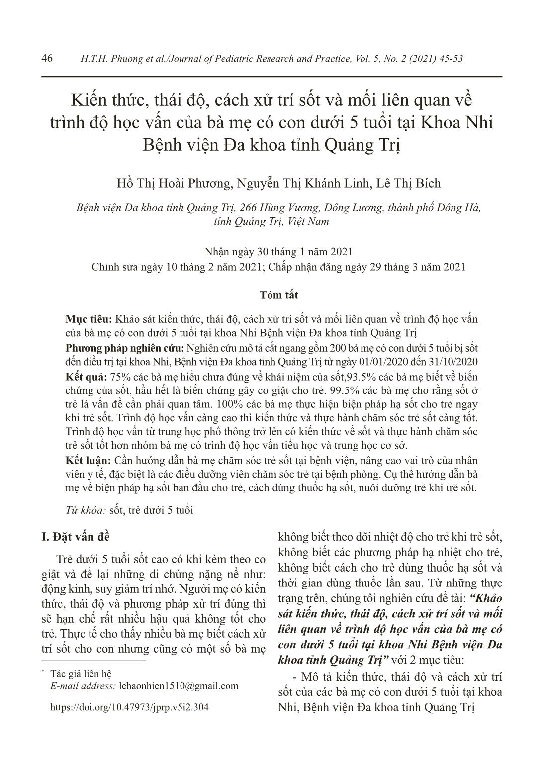 Knowledge, attitude, fever response and the relation with academic level of mothers with children under 5 years old at the department of pediatrics of the Quang Tri general hospital trang 2