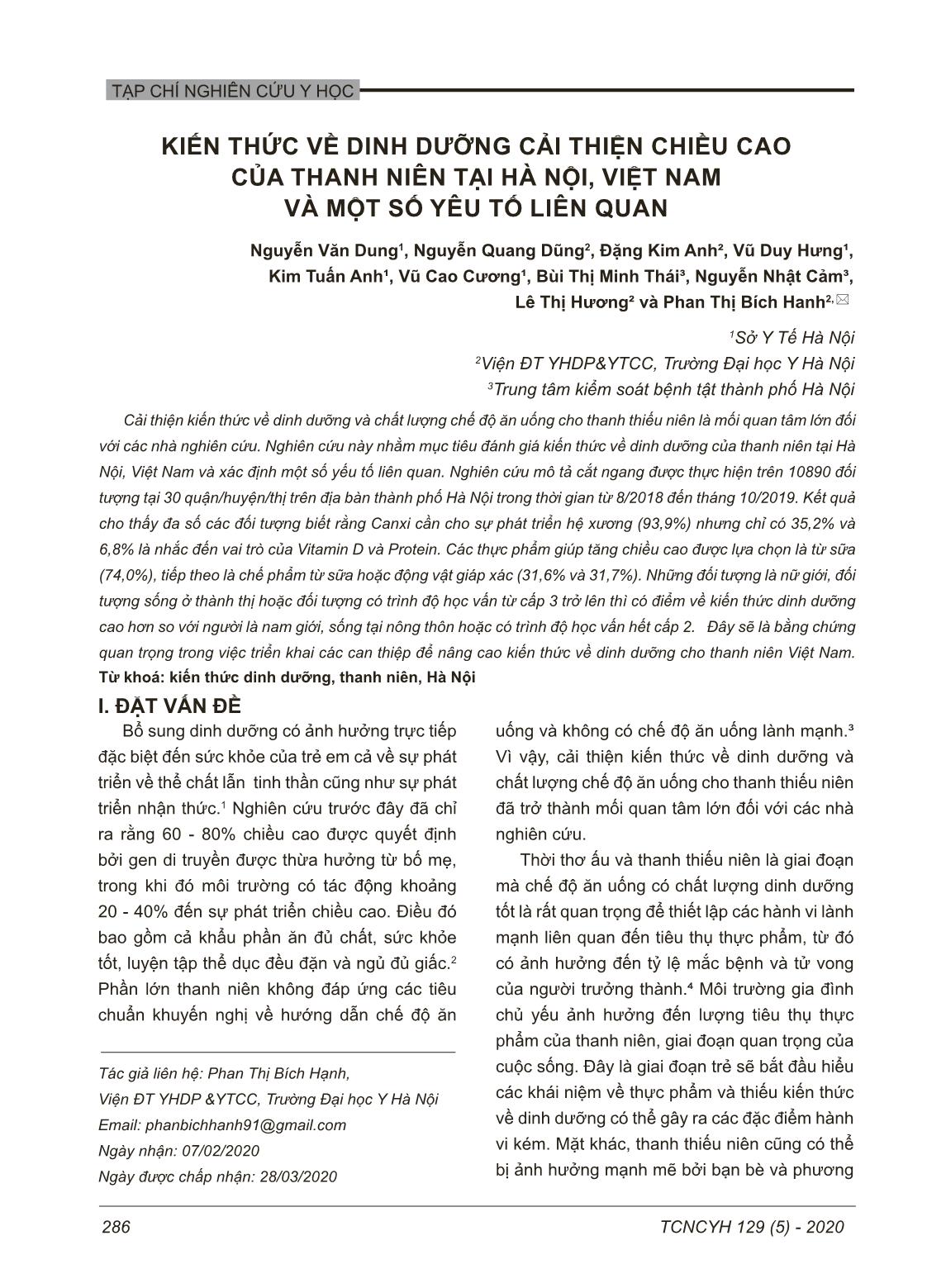 Kiến thức về dinh dưỡng cải thiện chiều cao của thanh niên tại Hà Nội, Việt Nam và một số yêu tố liên quan trang 1