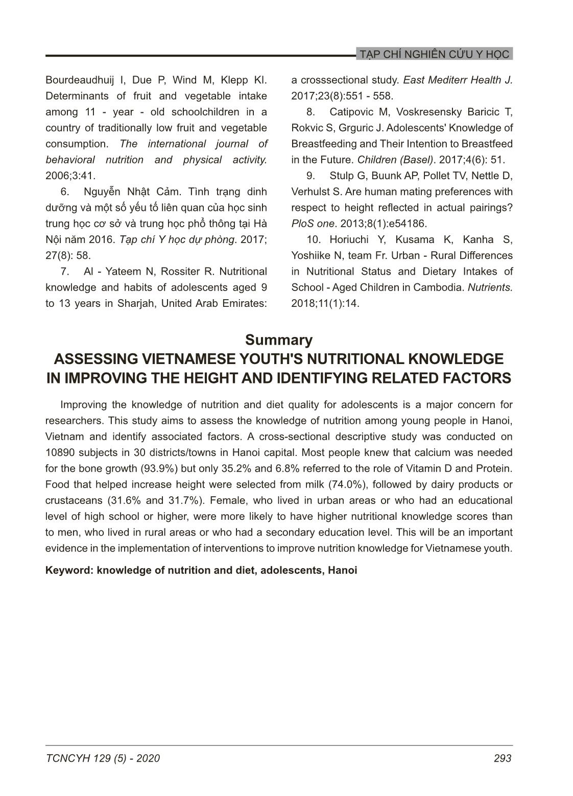 Kiến thức về dinh dưỡng cải thiện chiều cao của thanh niên tại Hà Nội, Việt Nam và một số yêu tố liên quan trang 8