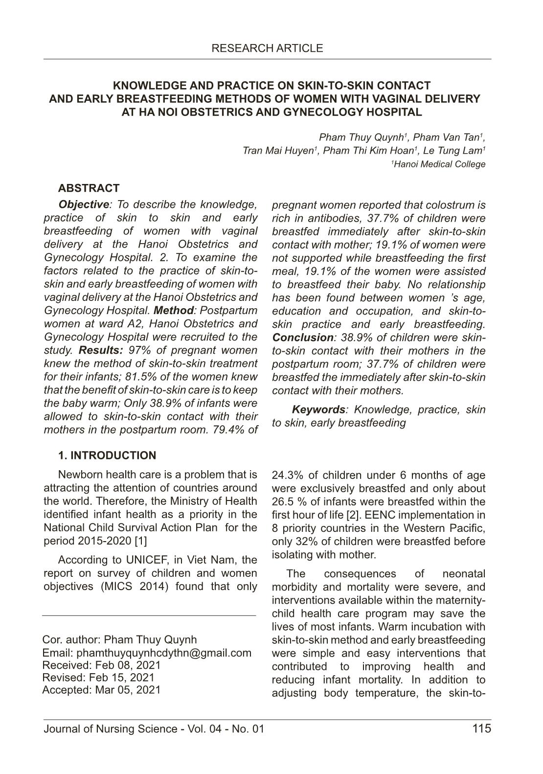 Knowledge and practice on skin-to-skin contact and early breastfeeding methods of women with vaginal delivery at ha noi obstetrics and gynecology hospital trang 1