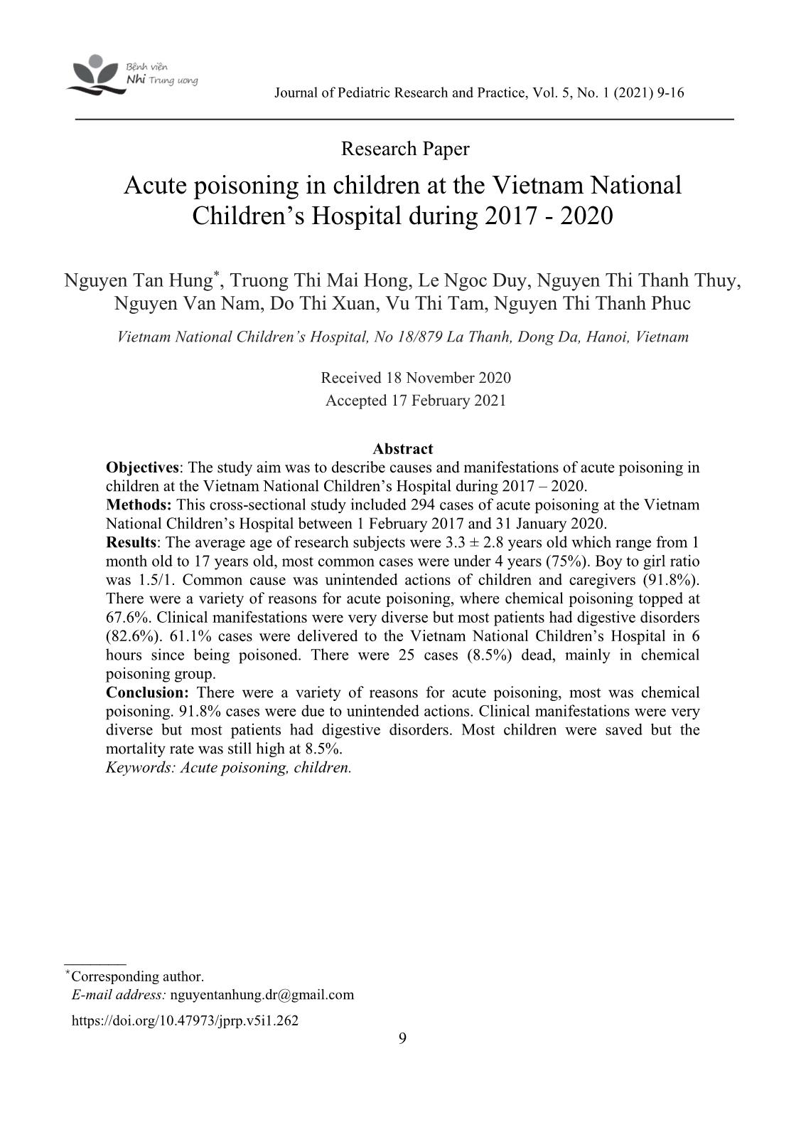 Acute poisoning in children at the Vietnam National Children’s Hospital during 2017 - 2020 trang 1