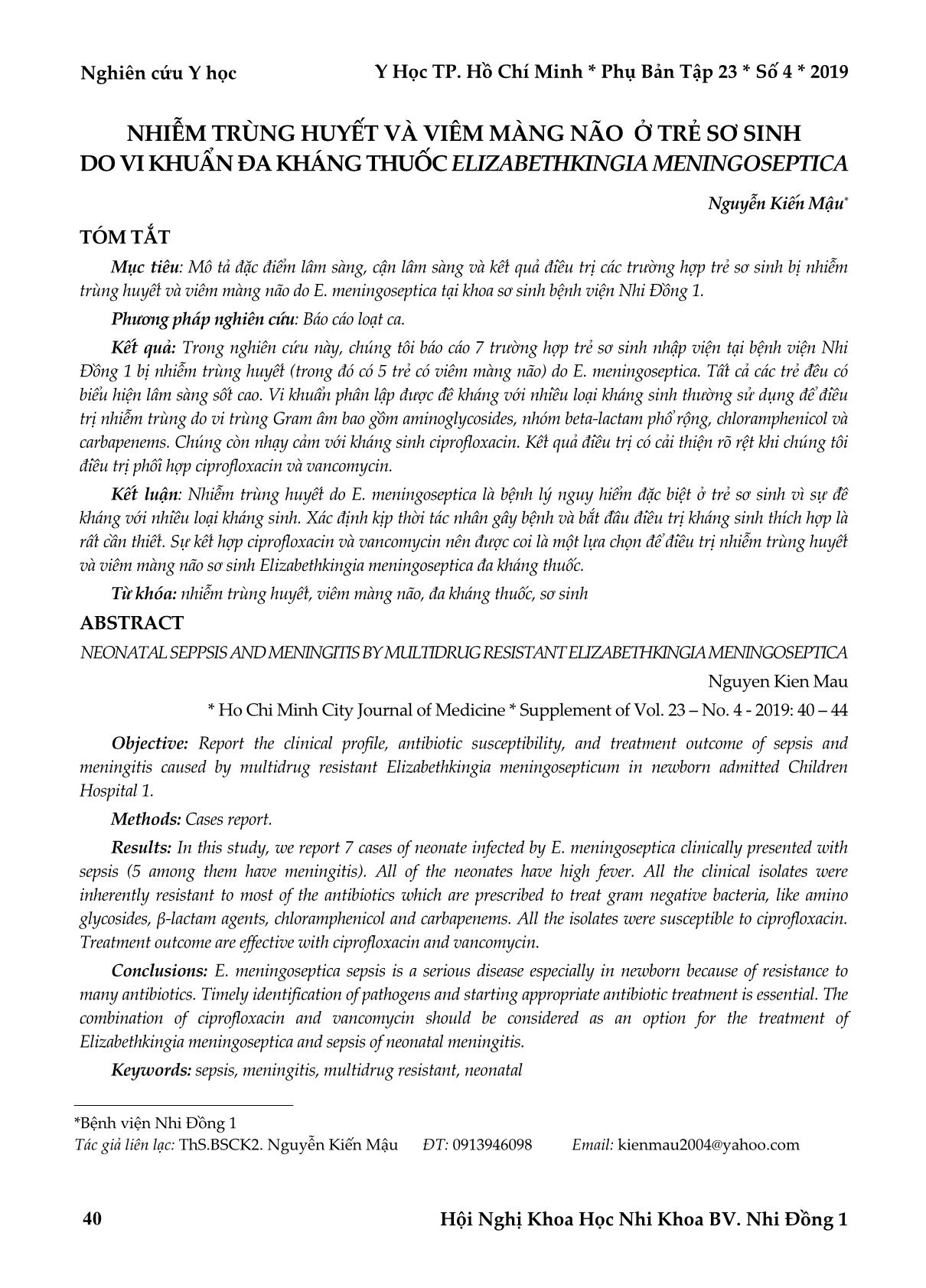 Nhiễm trùng huyết và viêm màng não ở trẻ sơ sinh do vi khuẩn đa kháng thuốc Elizabethkingia Meningoseptica trang 1