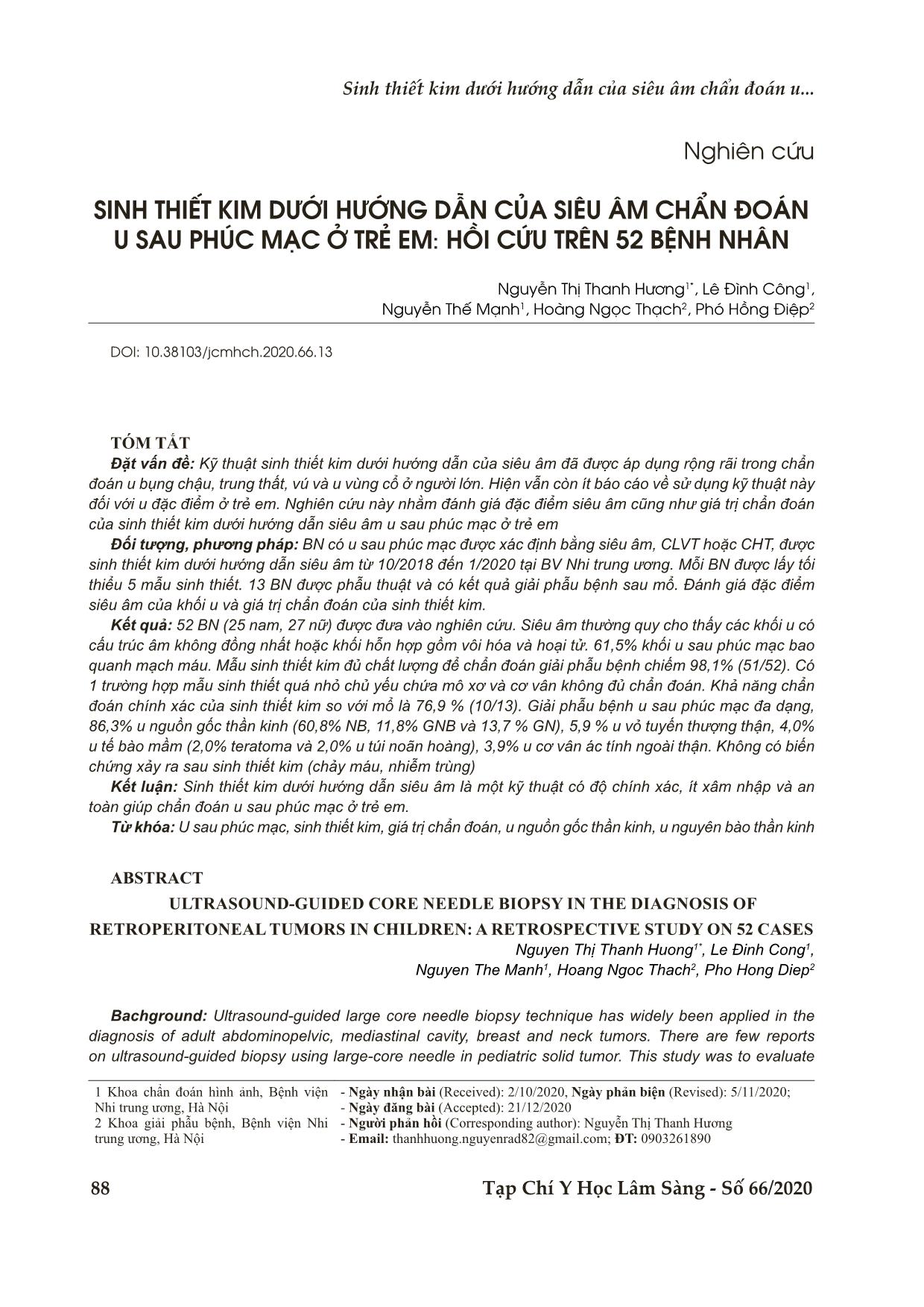 Sinh thiết kim dưới hướng dẫn của siêu âm chẩn đoán u sau phúc mạc ở trẻ em: Hồi cứu trên 52 bệnh nhân trang 1