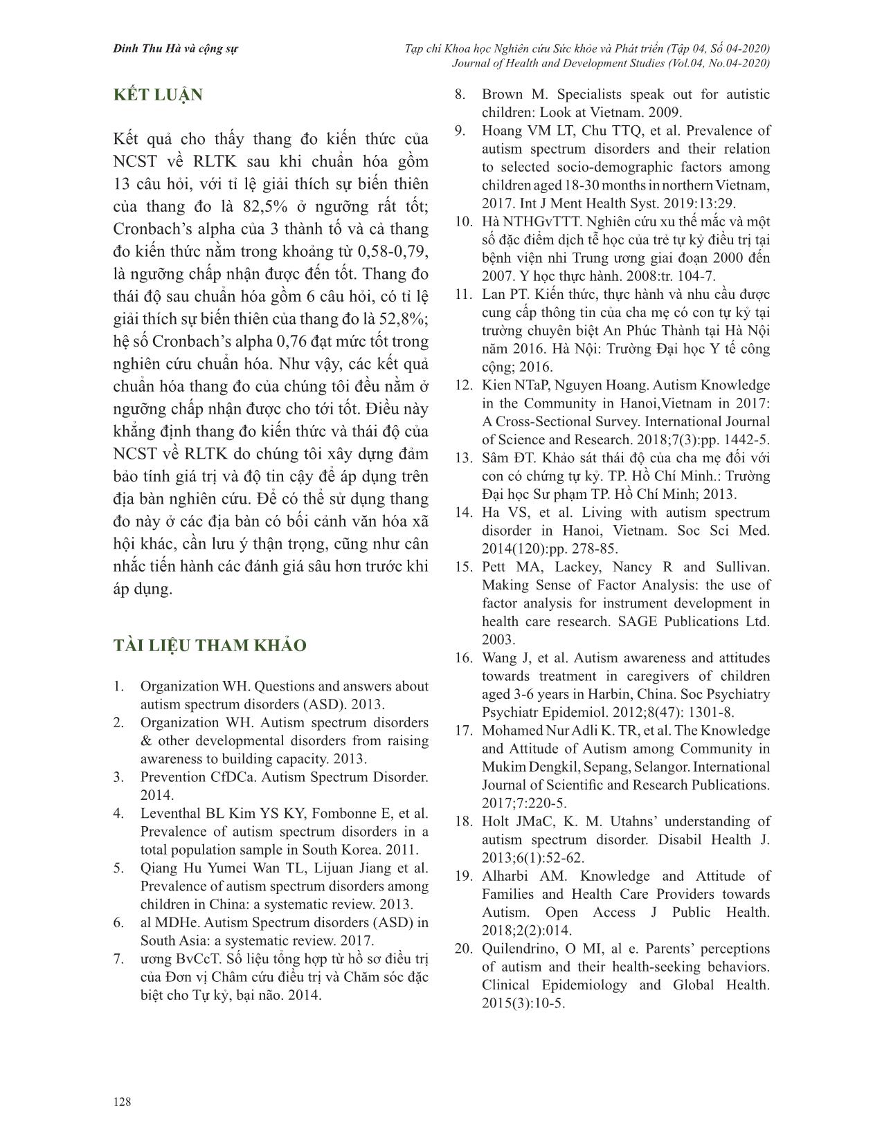Tính giá trị và độ tin cậy của thang đo kiến thức, thái độ về rối loạn tự kỷ của người chăm sóc trẻ tại hai tỉnh Hòa Bình và Thái Bình, Việt Nam trang 9