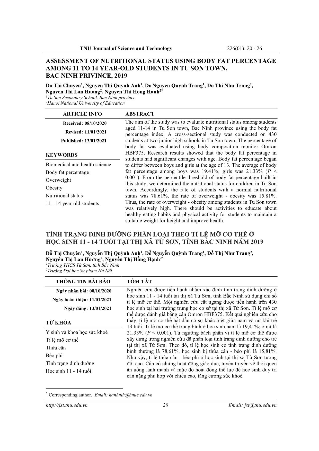 Assessment of nutritional status using body fat percentage among 11 to 14 year-old students in Tu Son town, Bac Ninh privince, 2019 trang 1