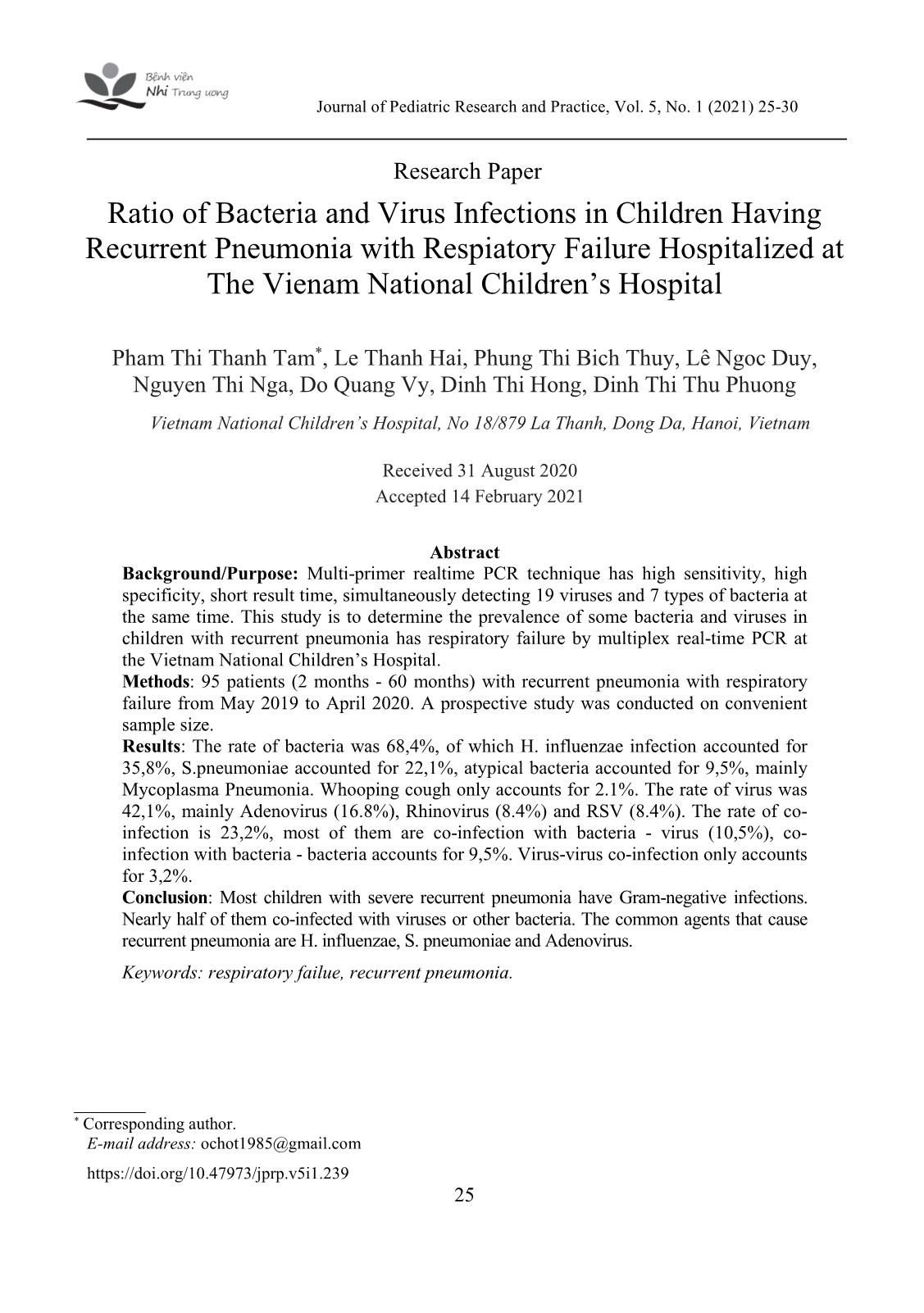 Ratio of bacteria and virus infections in children having recurrent pneumonia with respiatory failure hospitalized at the Viet Nam national children’s hospital trang 1