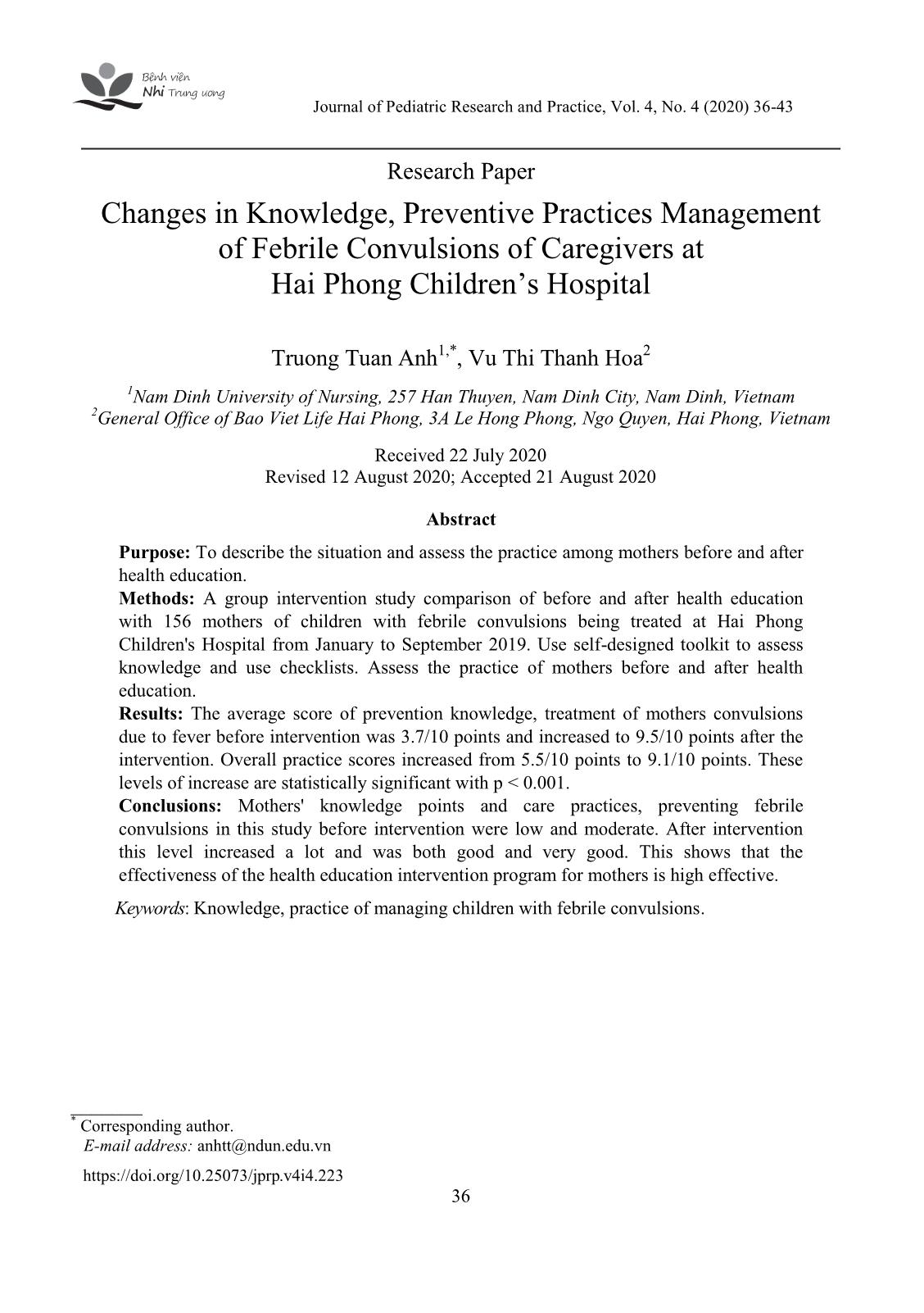 Changes in knowledge, preventive practices management of febrile convulsions of caregivers at Hai Phong children’s hospital trang 1