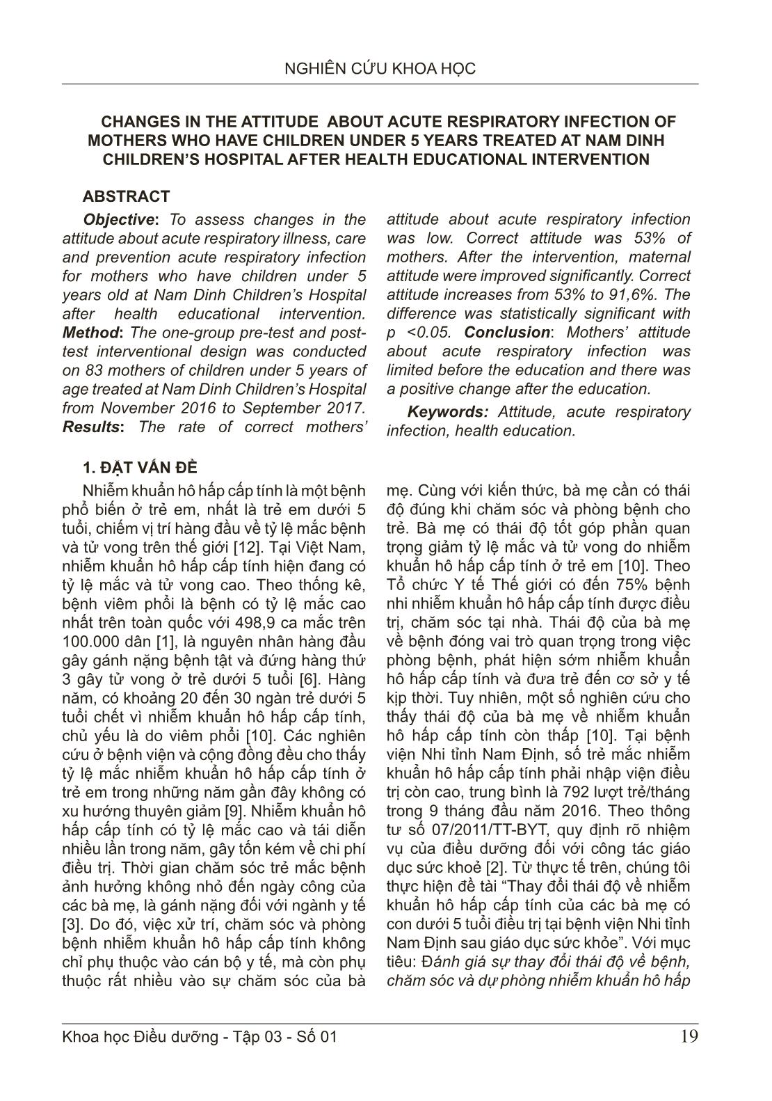 Thay đổi thái độ về nhiễm khuẩn hô hấp cấp tính của các bà mẹ có con dưới 5 tuổi điều trị tại bệnh viện nhi tỉnh Nam Định sau giáo dụ trang 2