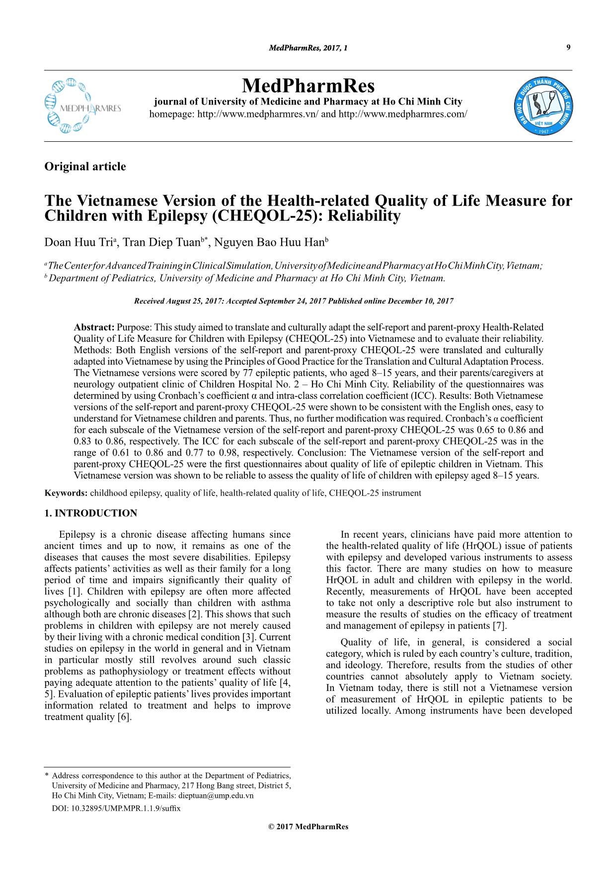 The Vietnamese version of the health-related quality of life measure for children with epilepsy (cheqol-25): Reliability trang 1