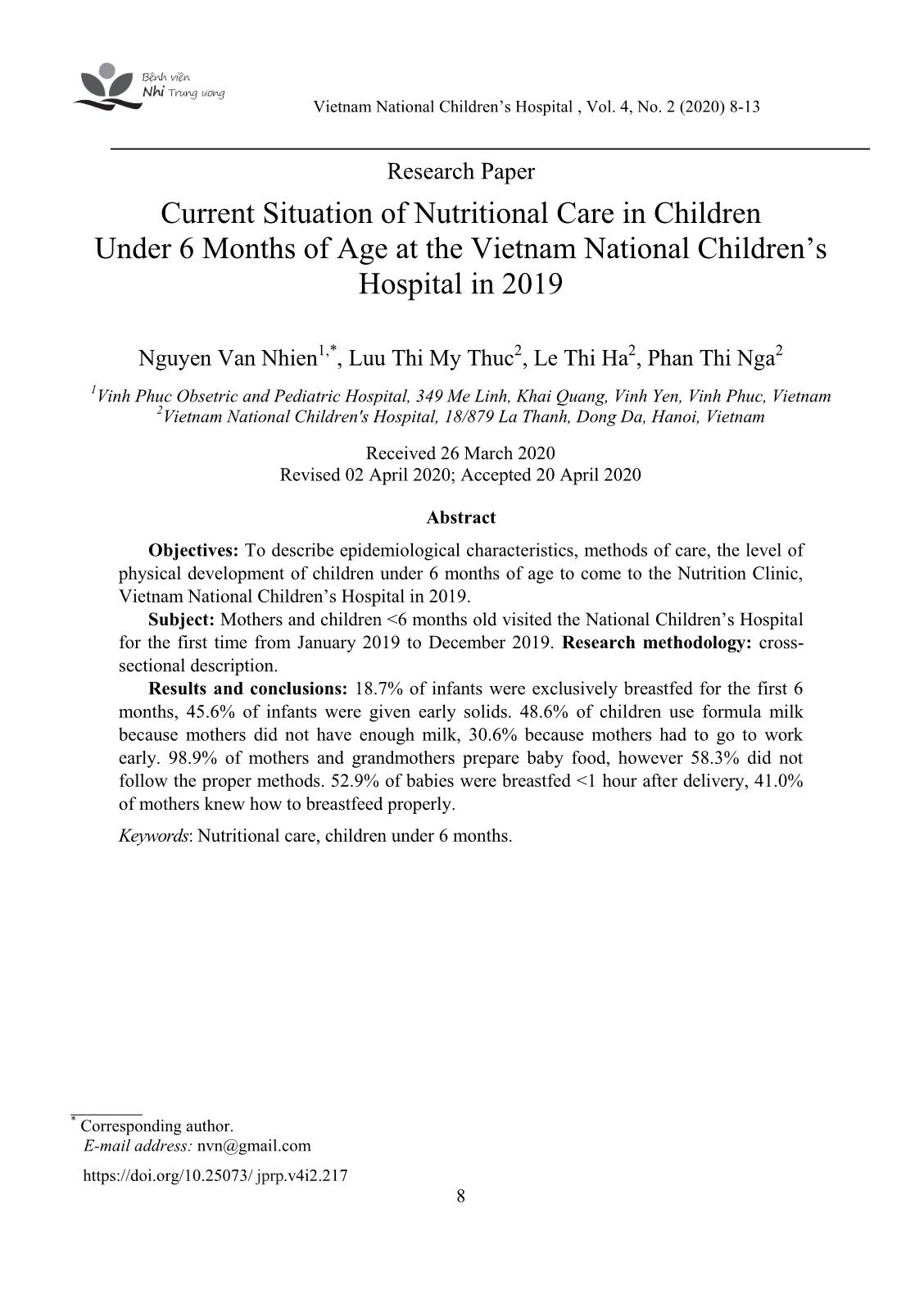 Current situation of nutritional care in children under 6 months of age at the Viet Nam national children’s hospital in 2019 trang 1