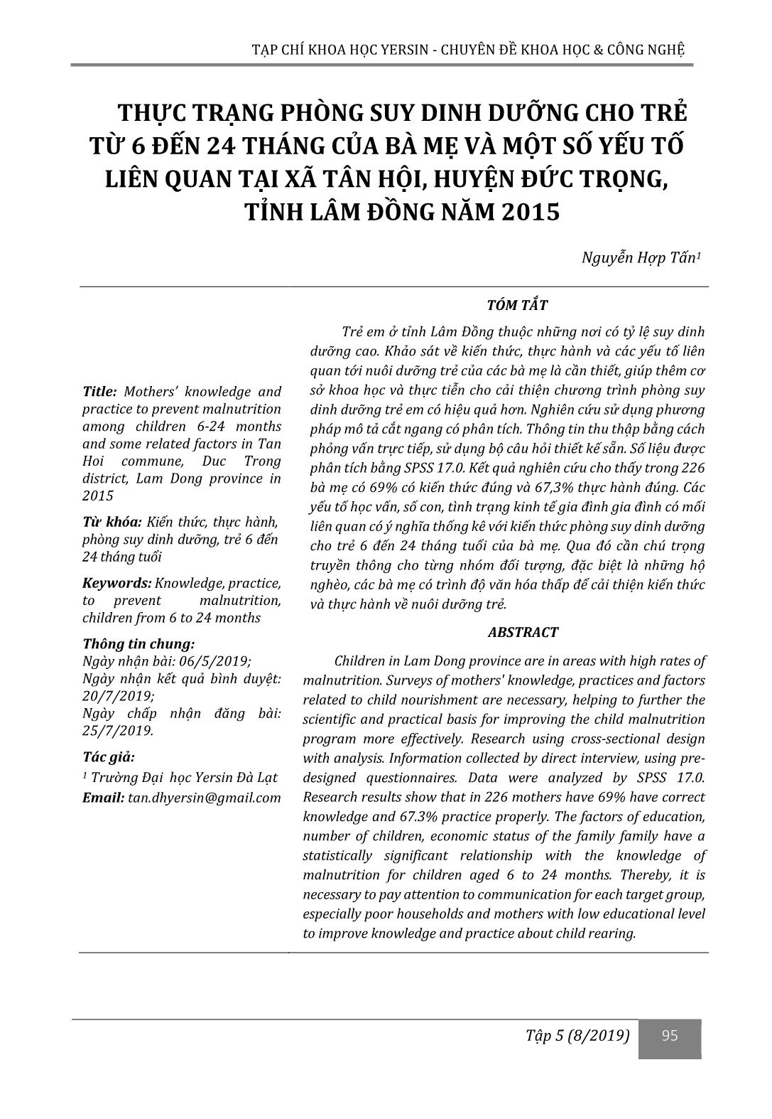 Thực trạng phòng suy dinh dưỡng cho trẻ từ 6 đến 24 tháng của bà mẹ và một số yếu tố liên quan tại xã Tân Hội, huyện Đức Trọng, tỉnh Lâm Đồng năm 2015 trang 1