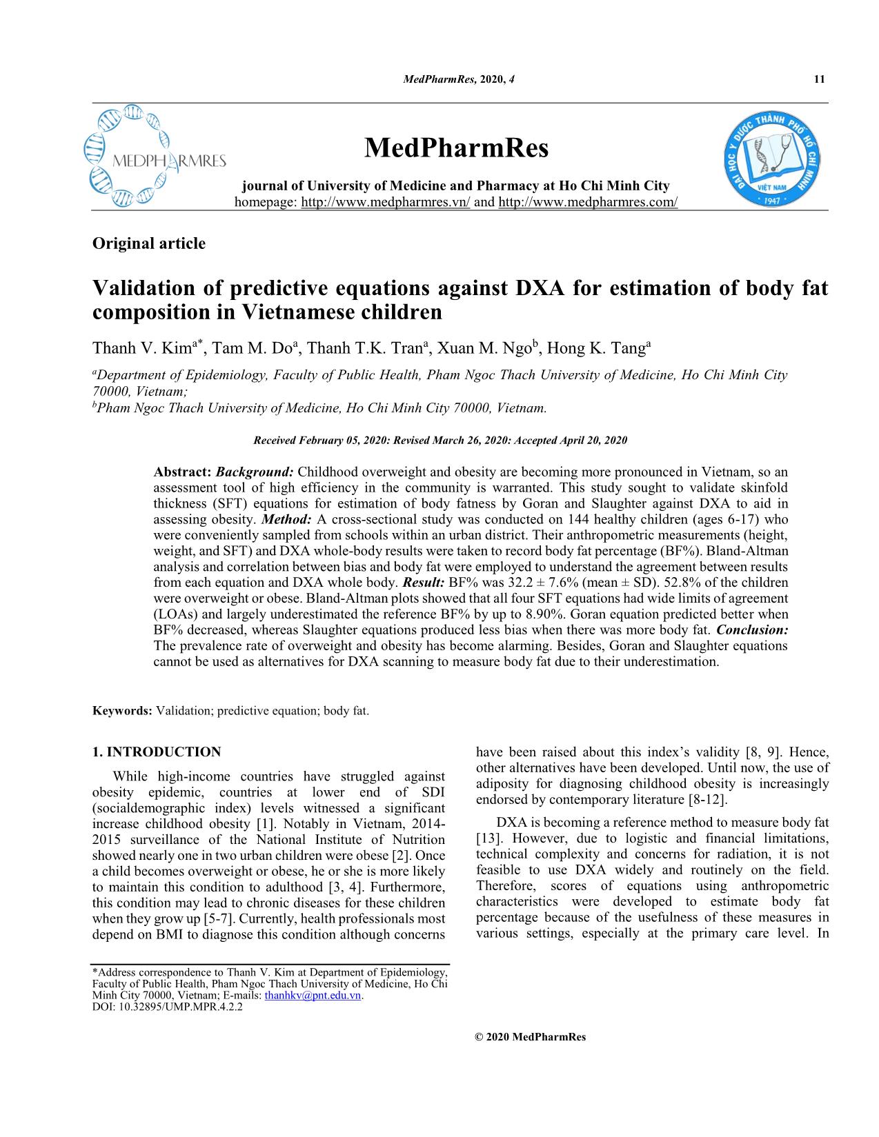 Validation of predictive equations against DXA for estimation of body fat composition in Vietnamese children trang 1