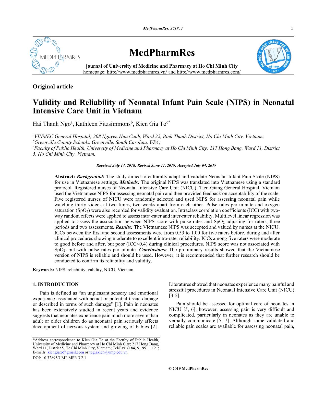 Validity and reliability of neonatal infant pain scale (NIPS) in neonatal intensive care unit in Viet Nam trang 1