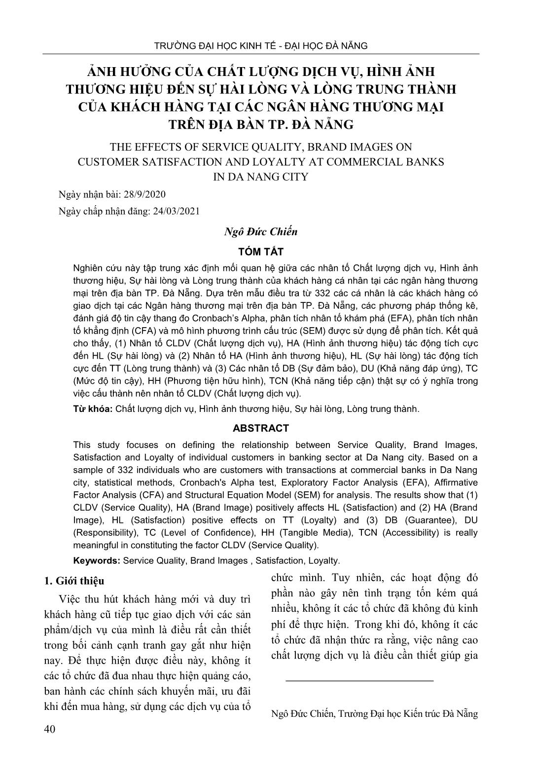 Ảnh hưởng của chất lượng dịch vụ, hình ảnh thương hiệu đến sự hài lòng và lòng trung thành của khách hàng tại các ngân hàng thương mại trên địa bàn thành phố Đà Nẵng trang 1
