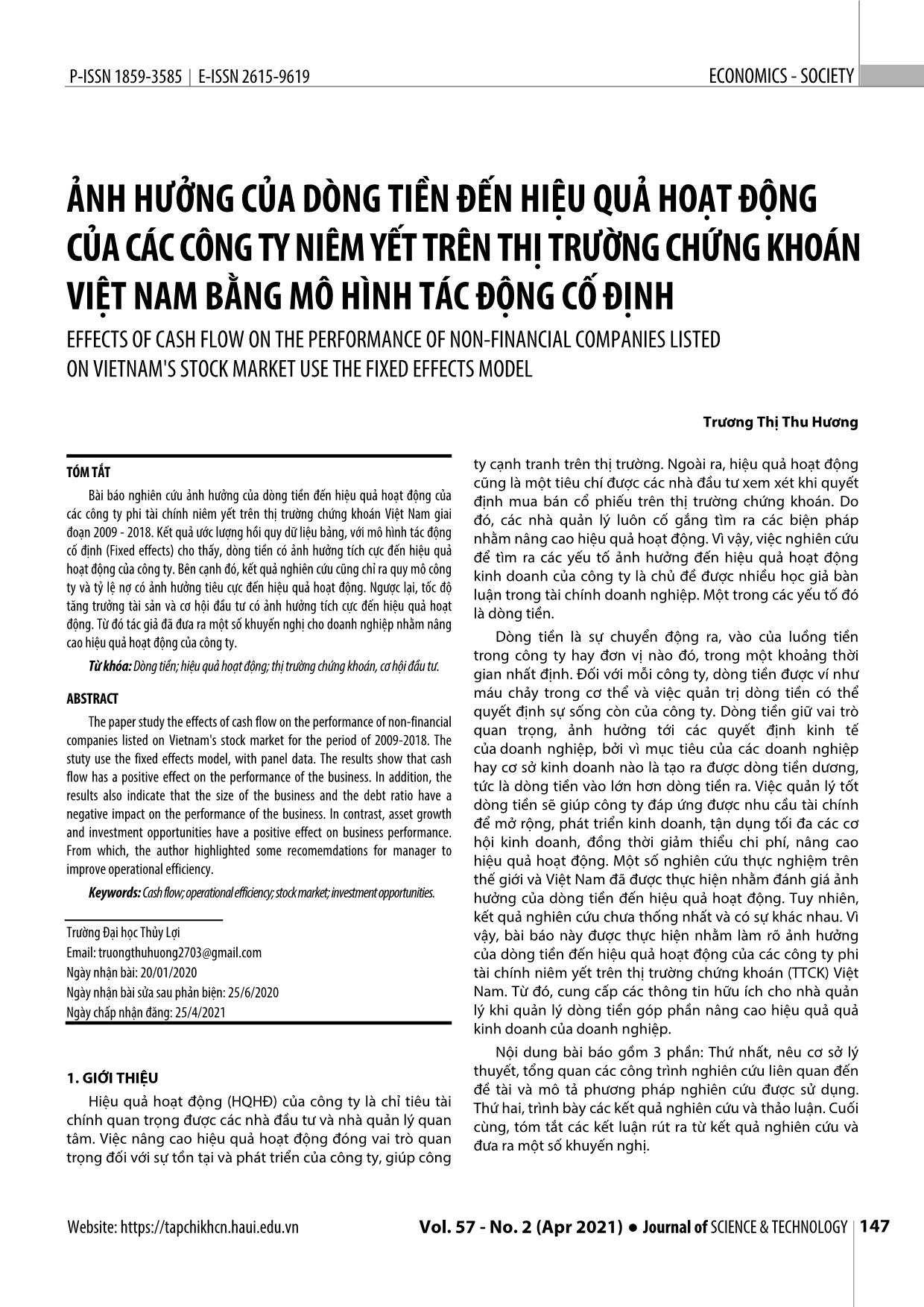 Ảnh hưởng của dòng tiền đến hiệu quả hoạt động của các công ty niêm yết trên thị trường chứng khoán Việt Nam bằng mô hình tác động cố định trang 1