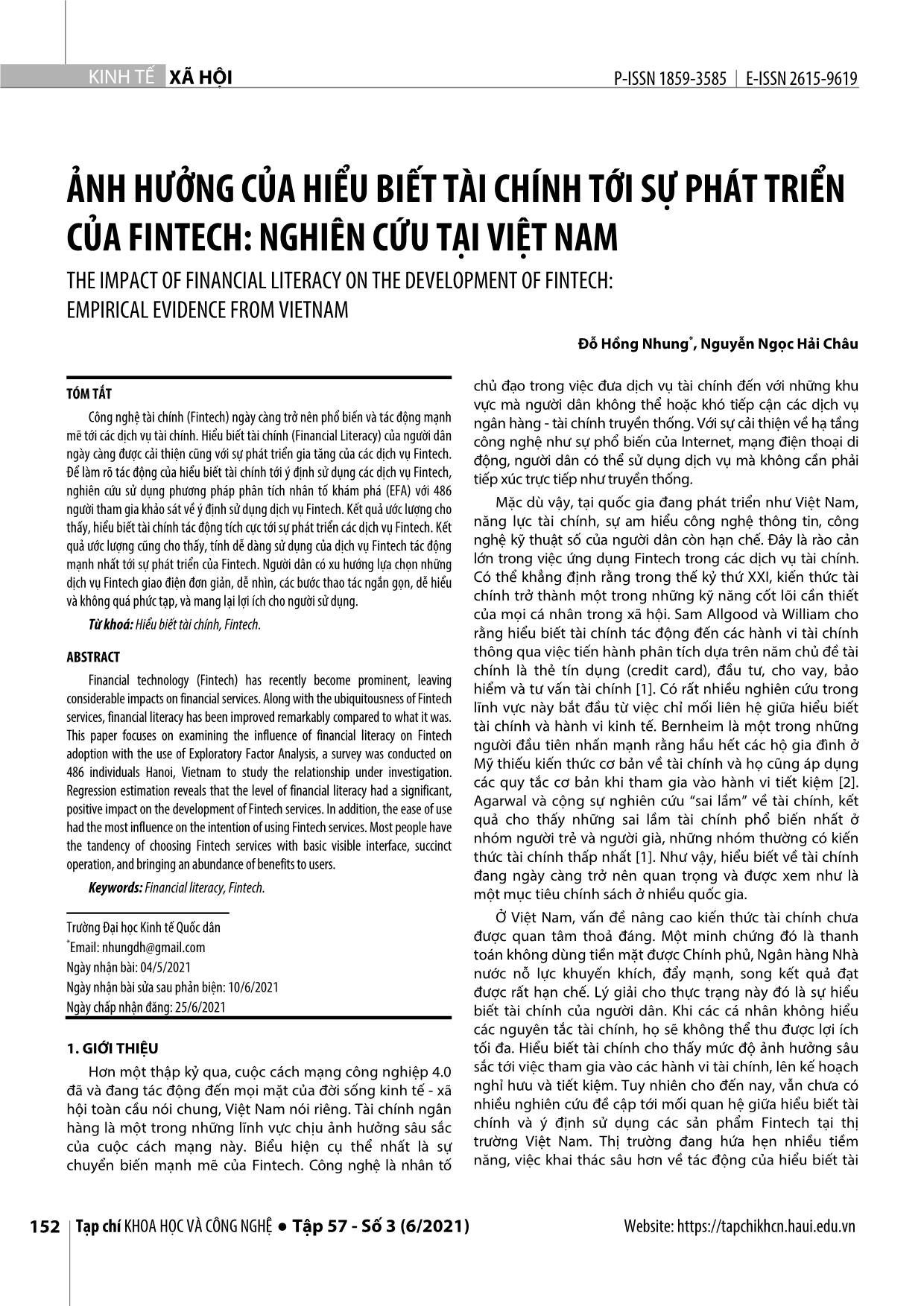 Ảnh hưởng của hiểu biết tài chính tới sự phát triển của Fintech: Nghiên cứu tại Việt Nam trang 1