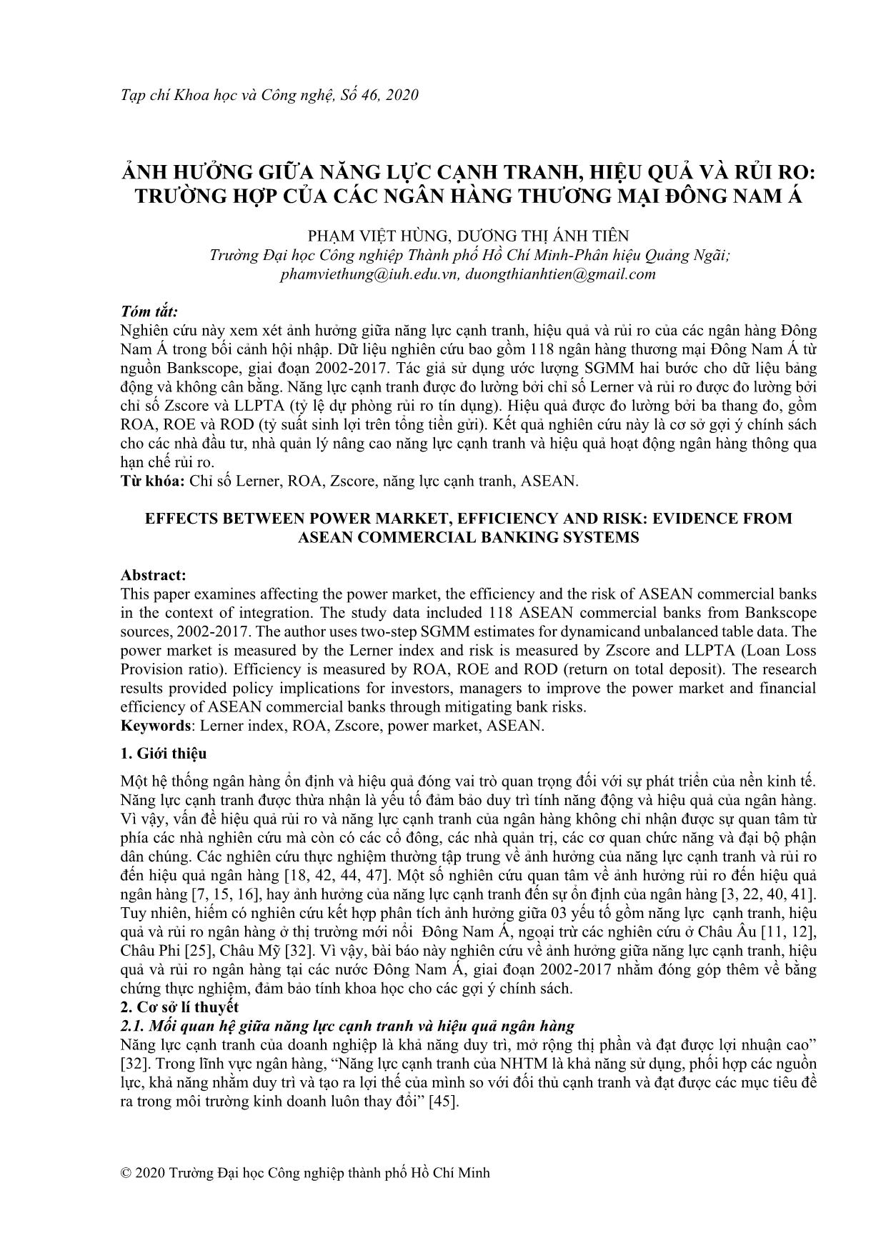 Ảnh hưởng giữa năng lực cạnh tranh, hiệu quả và rủi ro: Trường hợp của các ngân hàng thương mại Đông Nam Á trang 1