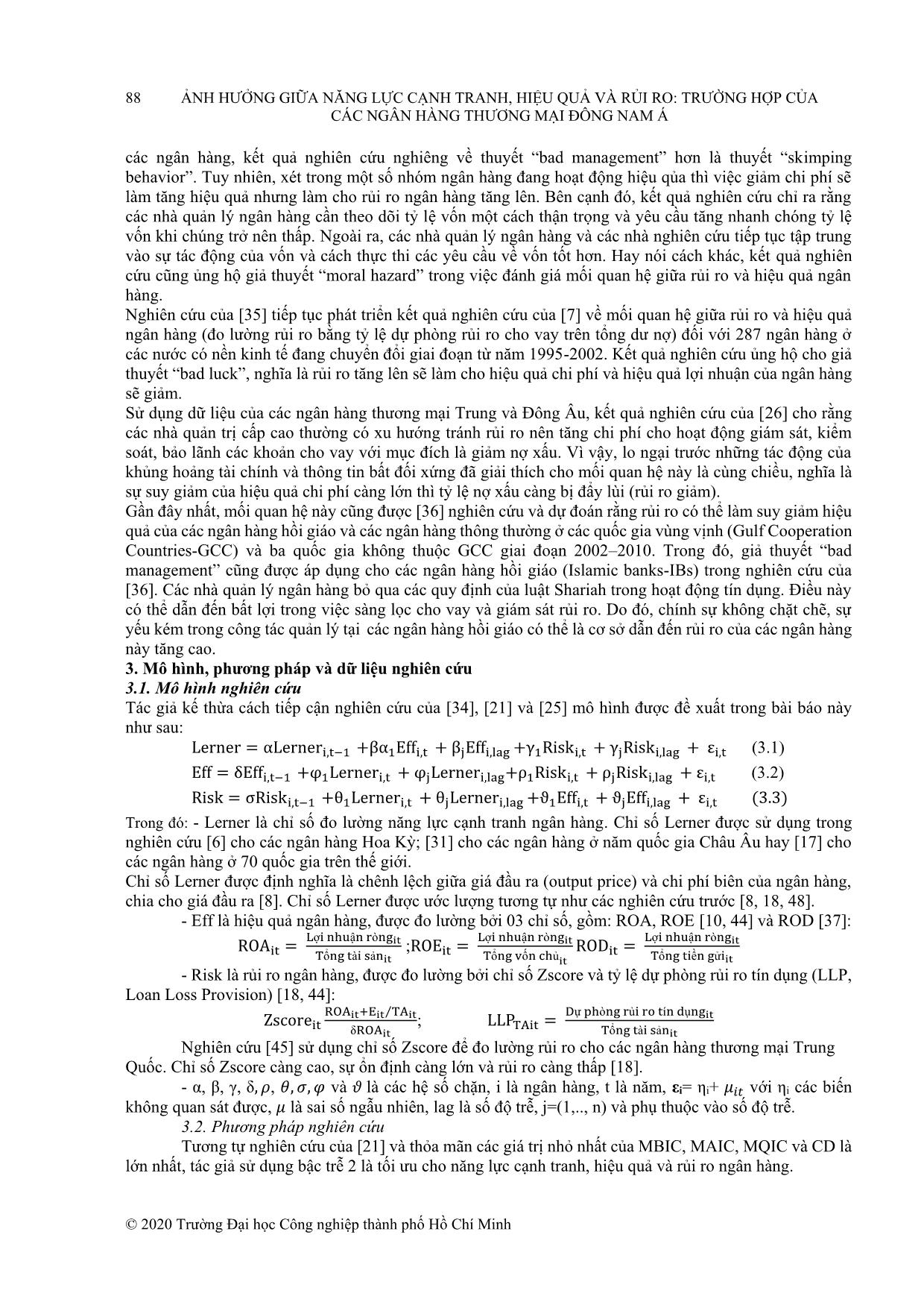 Ảnh hưởng giữa năng lực cạnh tranh, hiệu quả và rủi ro: Trường hợp của các ngân hàng thương mại Đông Nam Á trang 3