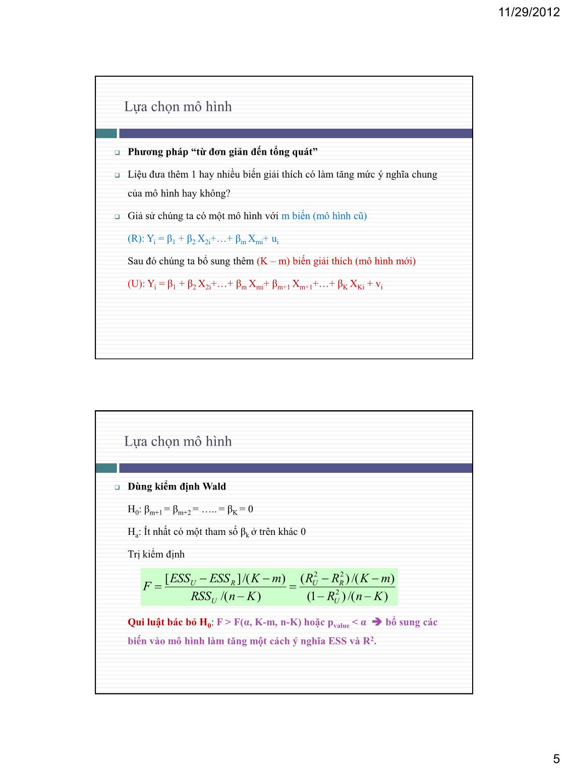 Bài giảng Hồi quy đa biến: Kiểm định giả thuyết và lựa chọn mô hình trang 5