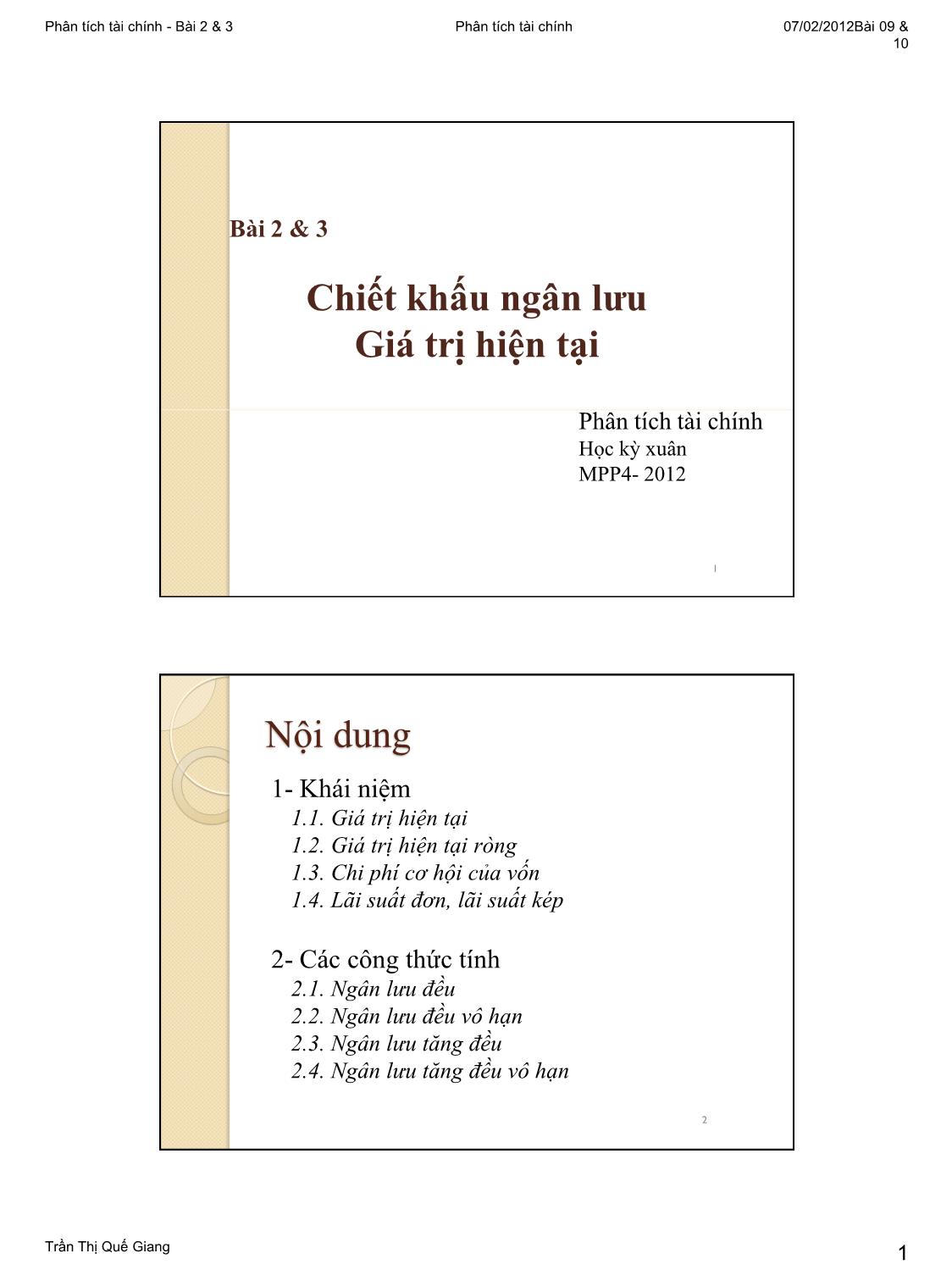 Bài giảng Phân tích tài chính - Bài 2+3: Chiết khấu ngân lưu. Giá trị hiện tại trang 1