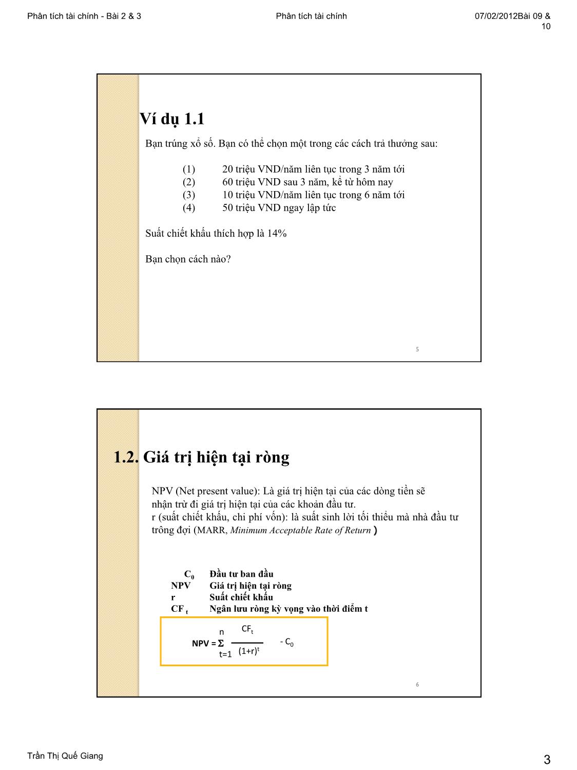 Bài giảng Phân tích tài chính - Bài 2+3: Chiết khấu ngân lưu. Giá trị hiện tại trang 3