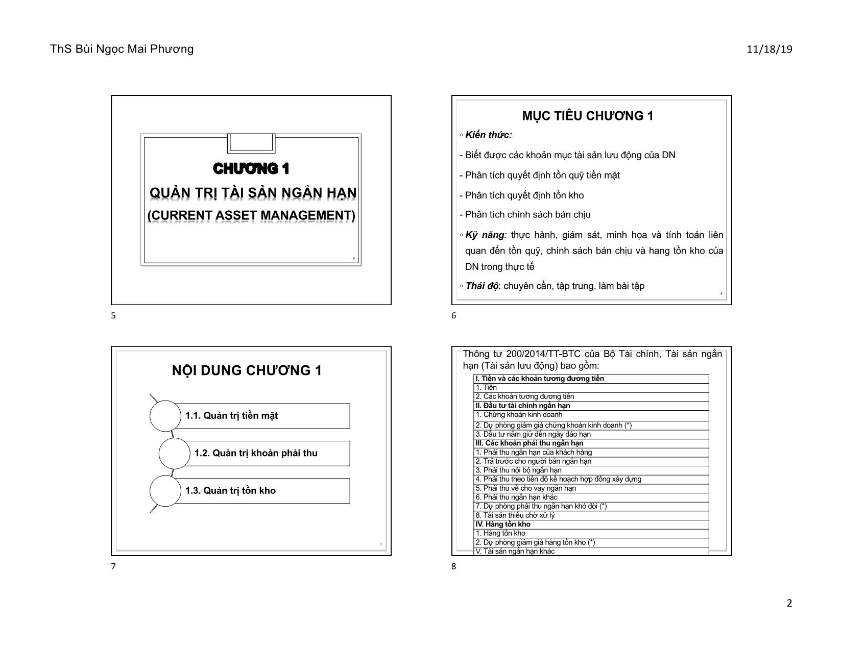 Bài giảng Quản trị tài chính doanh nghiệp - Chương 1: Quản trị tài sản ngắn hạn - Bùi Ngọc Mai Phương trang 2