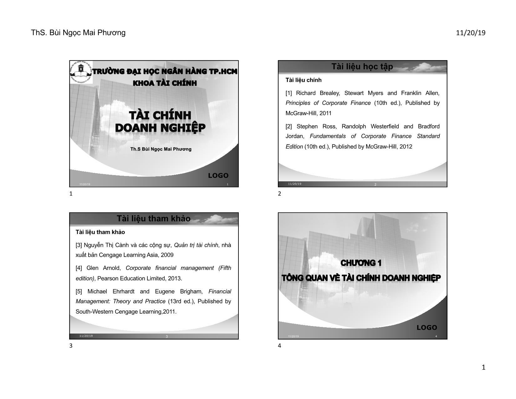 Bài giảng Tài chính doanh nghiệp - Chương 1: Tổng quan về tài chính doanh nghiệp - Bùi Ngọc Mai Phương trang 1