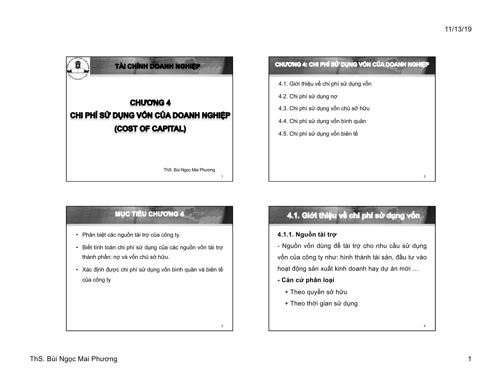 Bài giảng Tài chính doanh nghiệp - Chương 4: Chi phí sử dụng vốn của doang nghiệp - Bùi Ngọc Mai Phương trang 1