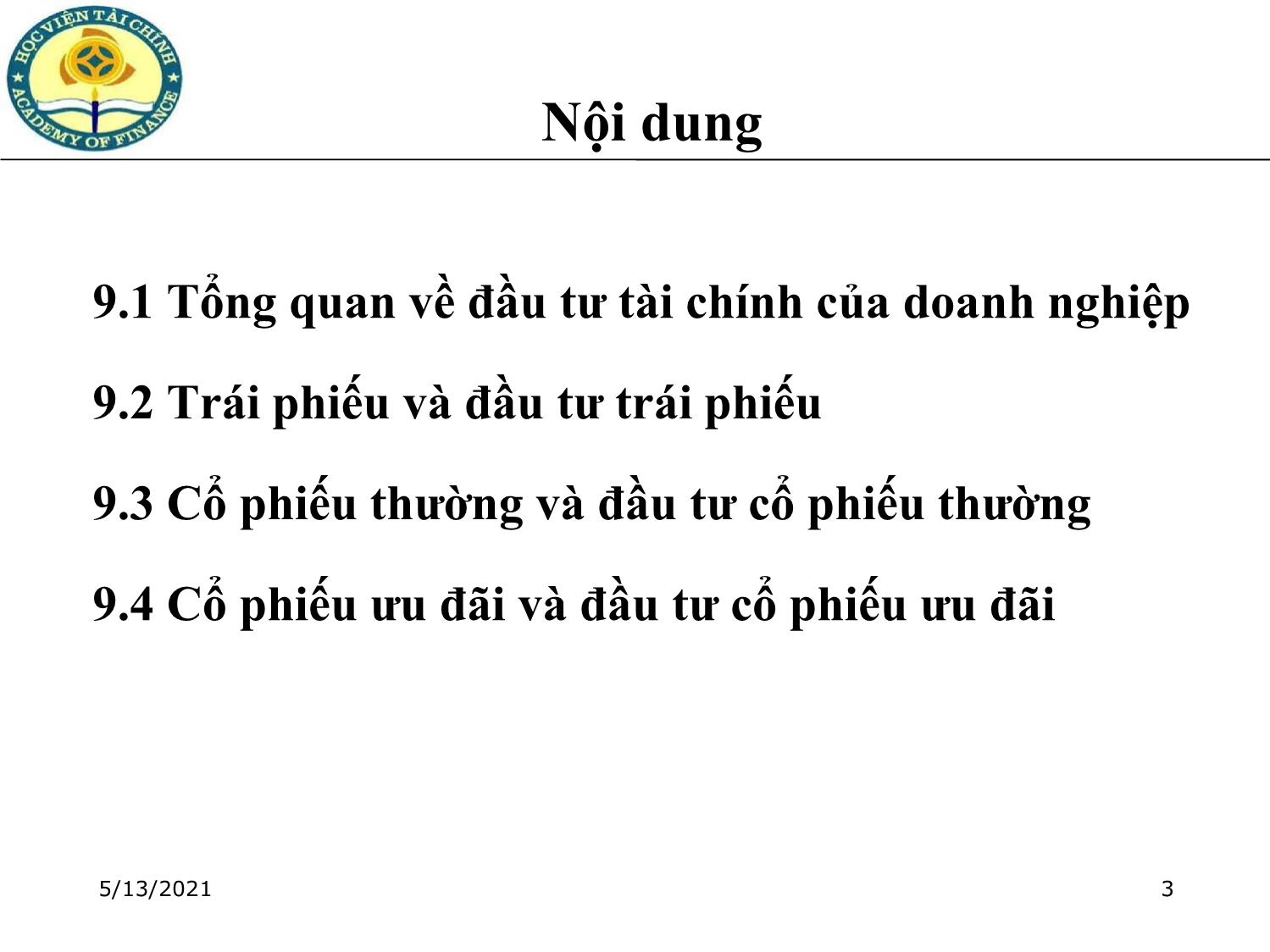 Bài giảng Tài chính doanh nghiệp - Chương 9: Đầu tư tài chính của doanh nghiệp trang 3