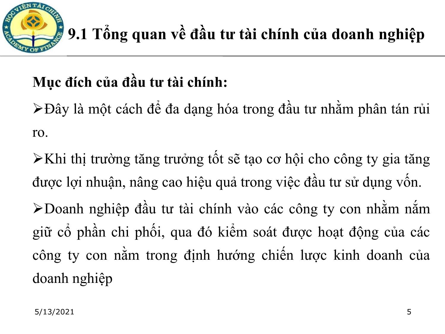 Bài giảng Tài chính doanh nghiệp - Chương 9: Đầu tư tài chính của doanh nghiệp trang 5