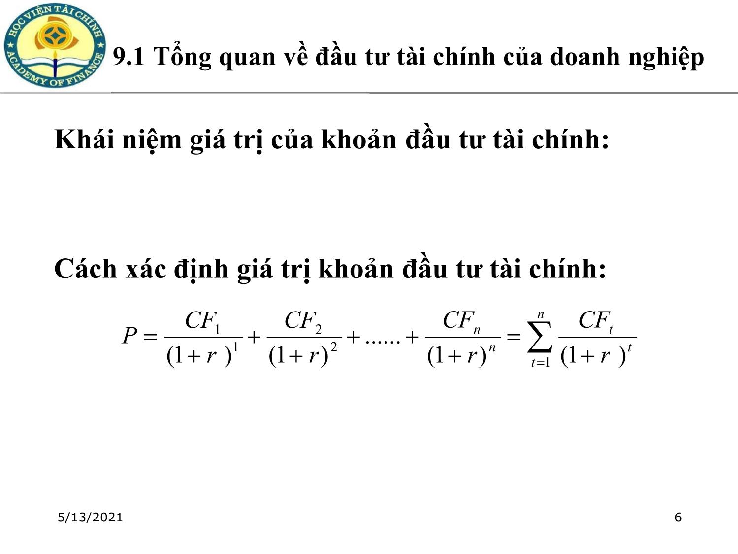 Bài giảng Tài chính doanh nghiệp - Chương 9: Đầu tư tài chính của doanh nghiệp trang 6