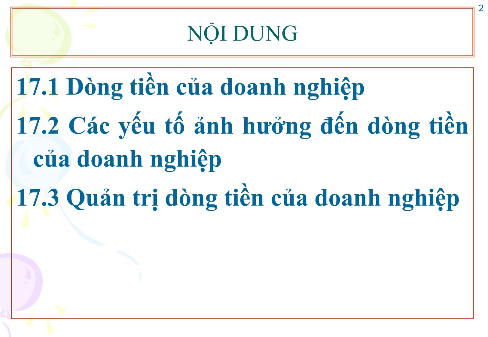 Bài giảng Tài chính doanh nghiệp - Chương 17: Quản trị dòng tiền của doanh nghiệp trang 2