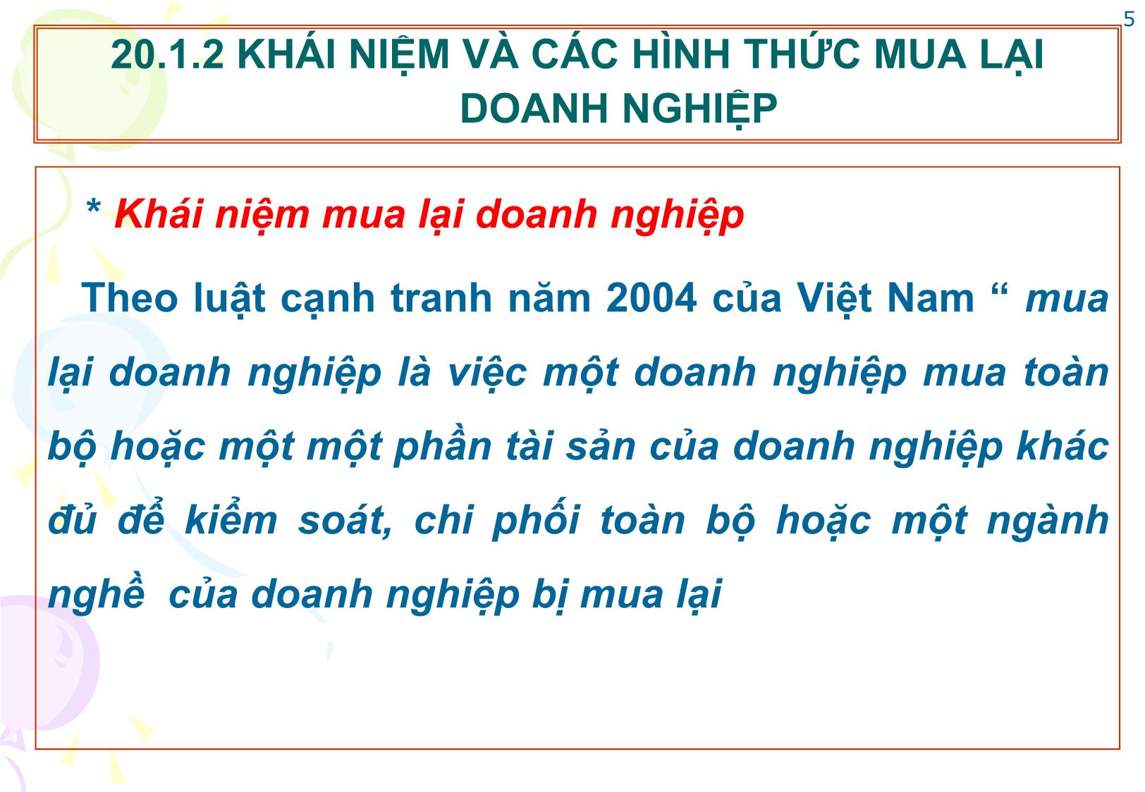 Bài giảng Tài chính doanh nghiệp - Chương 20: Tài chính trong sáp nhập, hợp nhất và phá sản doanh nghiệp trang 5