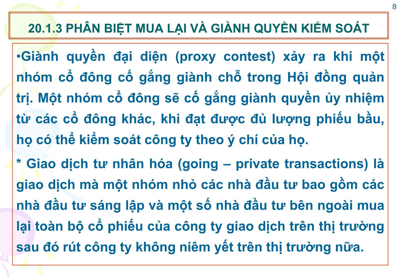 Bài giảng Tài chính doanh nghiệp - Chương 20: Tài chính trong sáp nhập, hợp nhất và phá sản doanh nghiệp trang 8