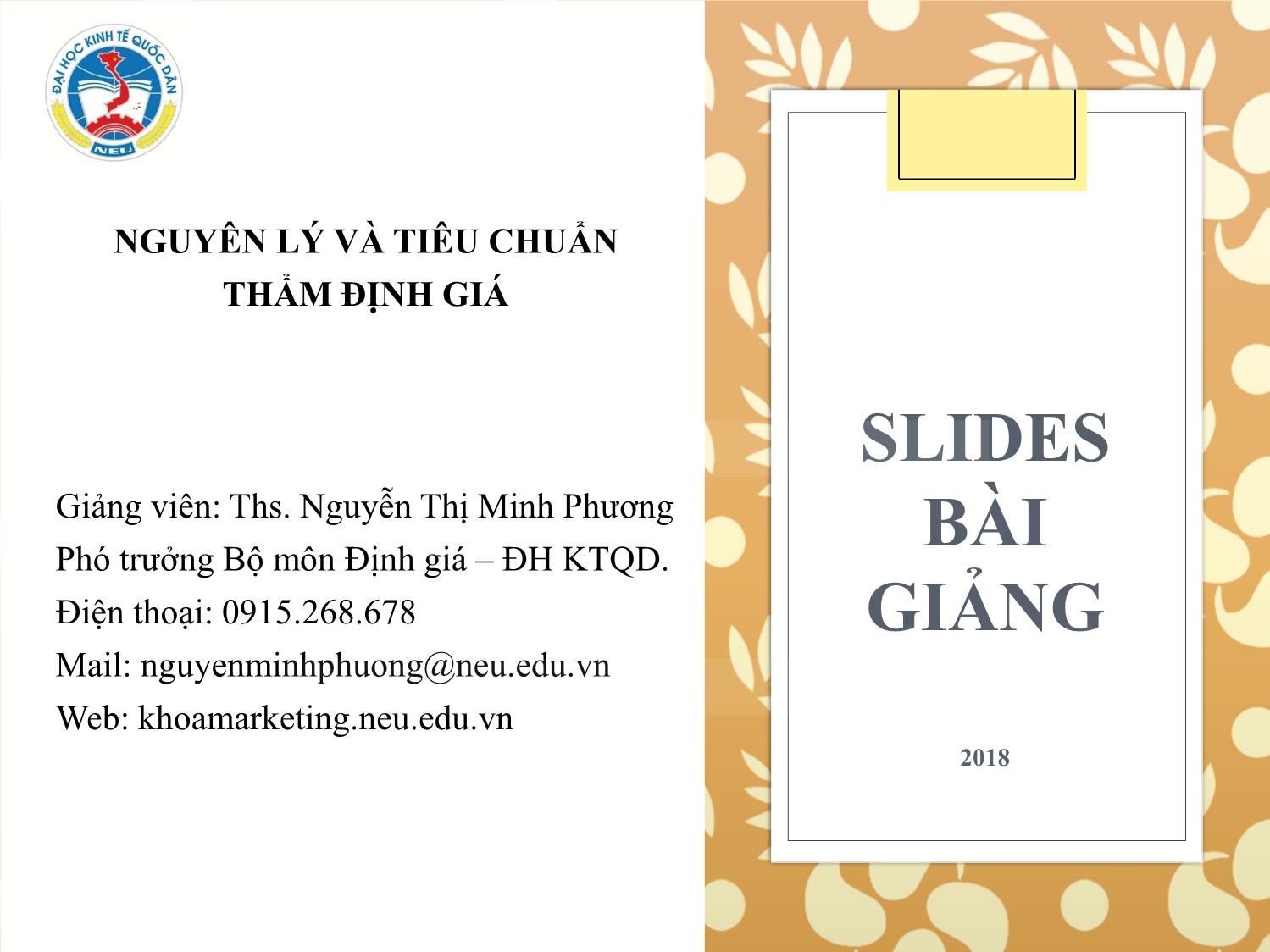 Bài giảng Nguyên lý và tiêu chuẩn thẩm định giá trang 1