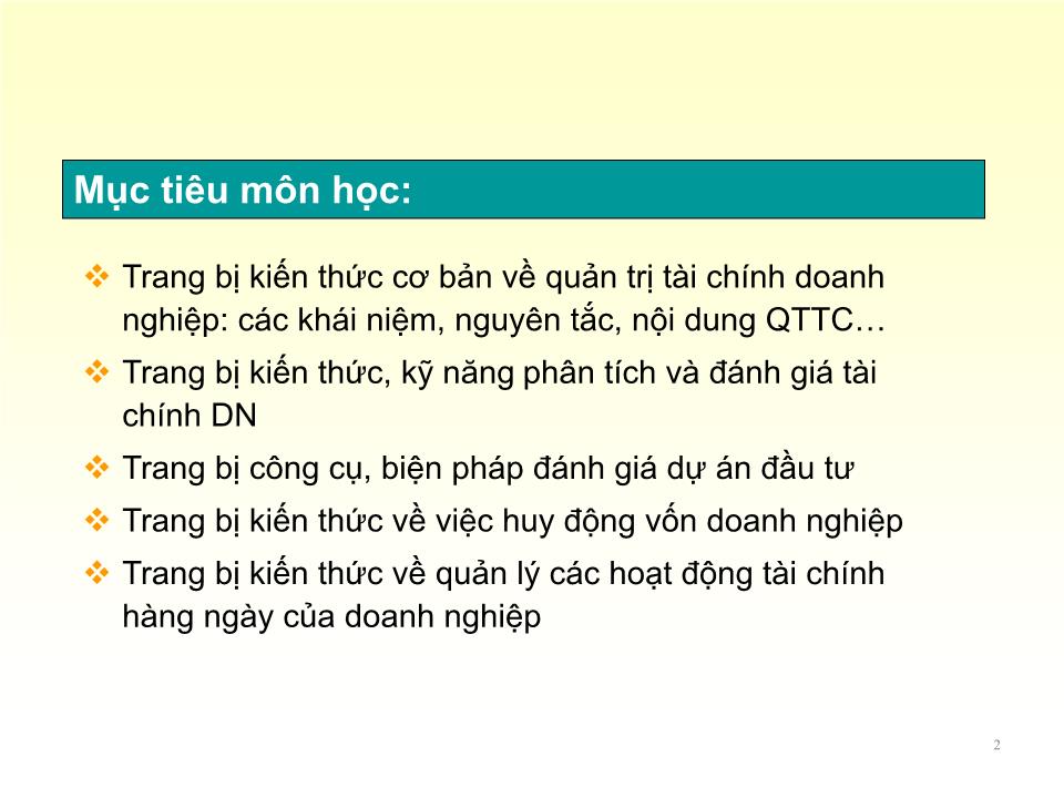 Bài giảng Quản trị tài chính - Chương 1: Tổng quan về quản trị tài chính doanh nghiệp - Nguyễn Thị Doan trang 2