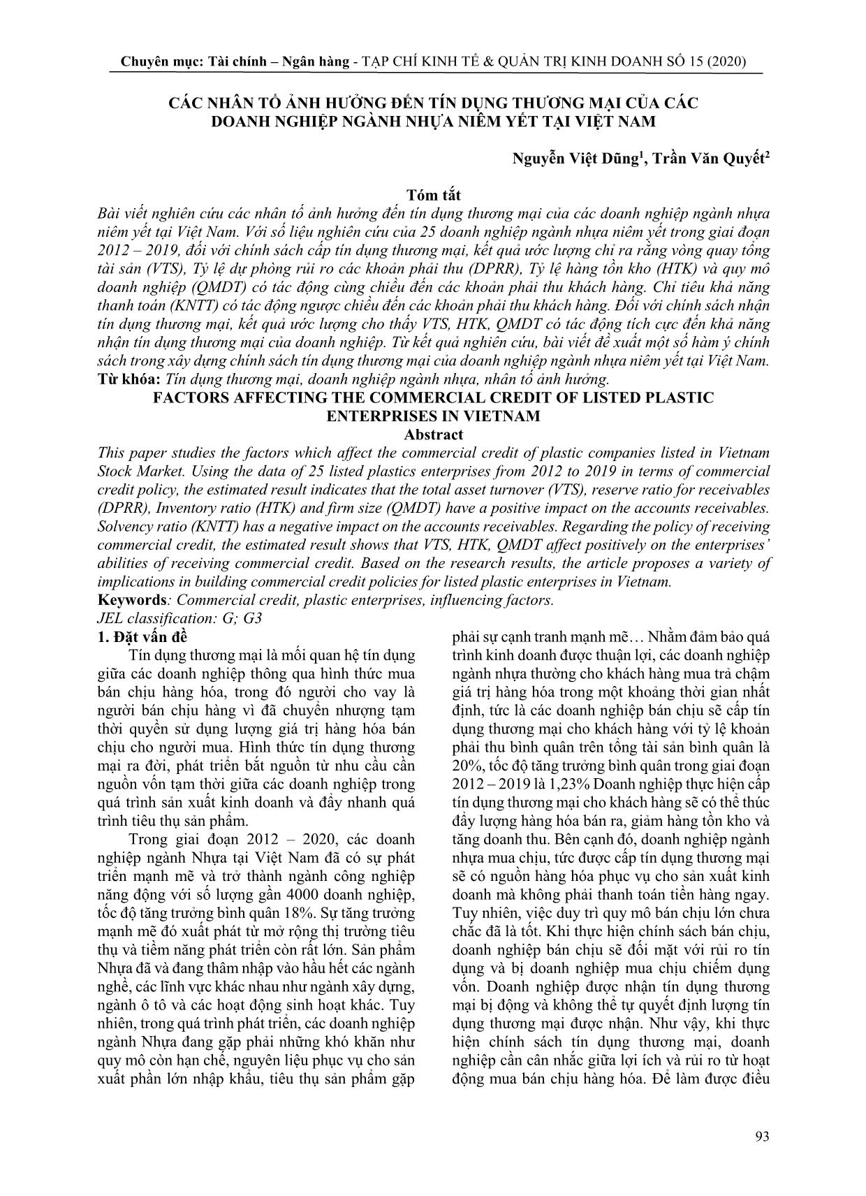 Các nhân tố ảnh hưởng đến tín dụng thương mại của các doanh nghiệp ngành nhựa niêm yết tại Việt Nam trang 1