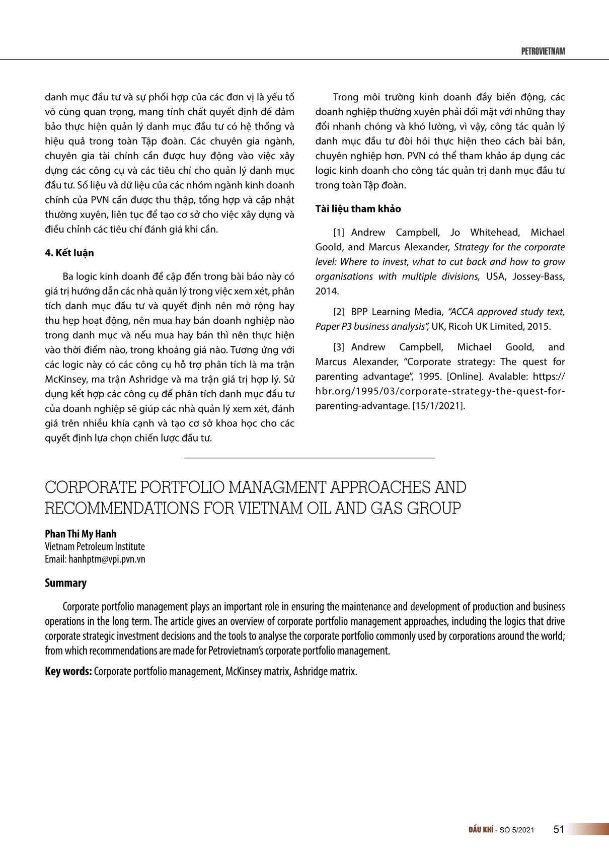 Các phương pháp quản lý danh mục đầu tư vốn vào các doanh nghiệp khác và khuyến nghị áp dụng đối với tập đoàn dầu khí Việt Nam trang 5