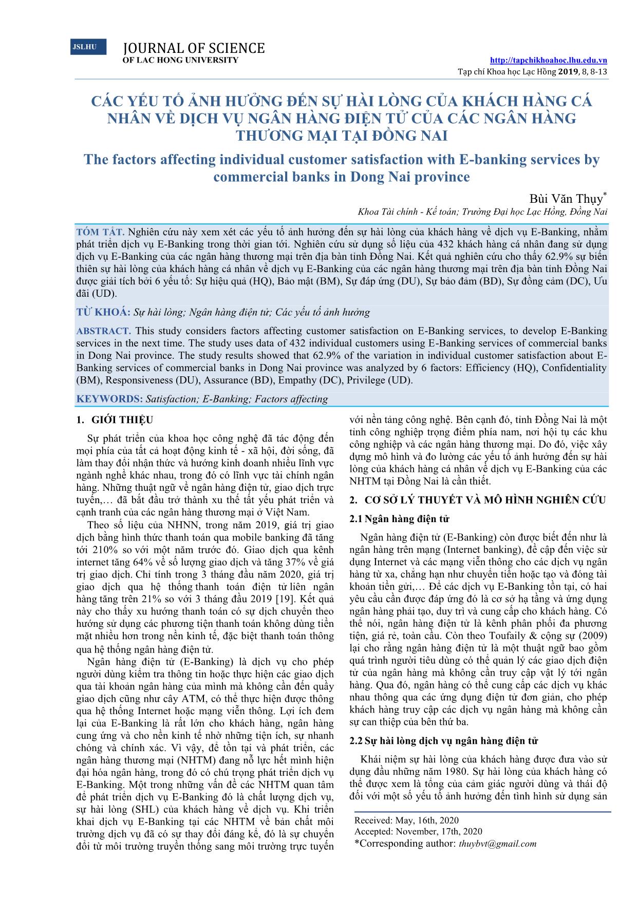 Các yếu tố ảnh hưởng đến sự hài lòng của khách hàng cá nhân về dịch vụ ngân hàng điện tử của các ngân hàng thương mại tại Đồng Nai trang 1