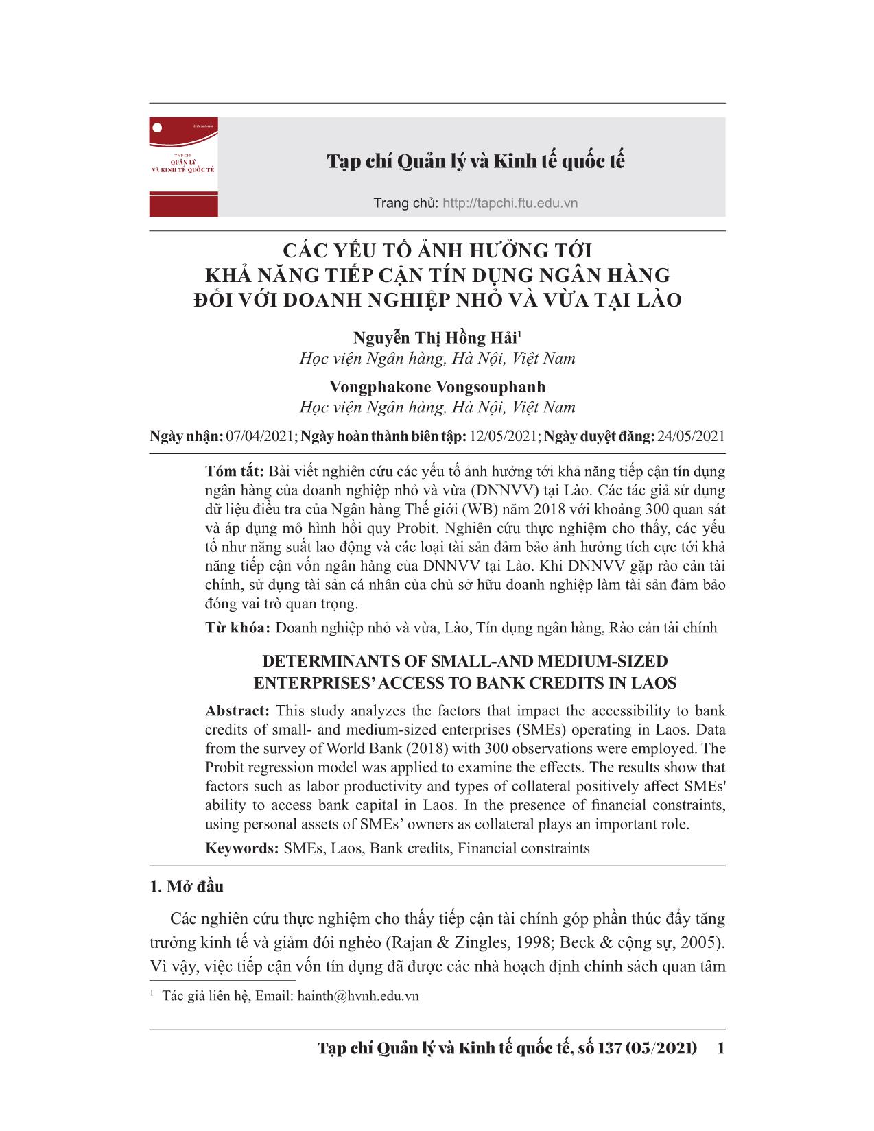 Các yếu tố ảnh hưởng tới khả năng tiếp cận tín dụng ngân hàng đối với doanh nghiệp nhỏ và vừa tại Lào trang 1
