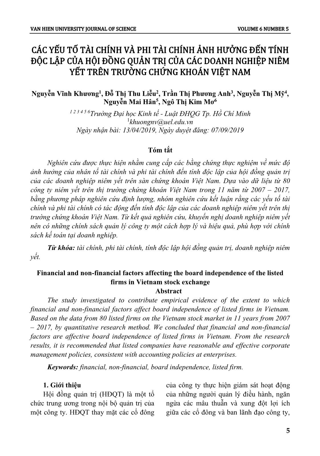 Các yếu tố tài chính và phi tài chính ảnh hưởng đến tính độc lập của hội đồng quản trị của các doanh nghiệp niêm yết trên trường chứng khoán Việt Nam trang 1