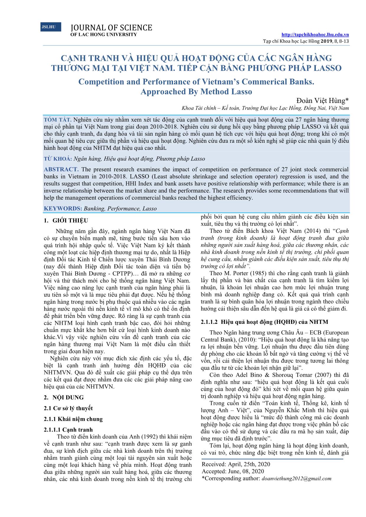 Cạnh tranh và hiệu quả hoạt động của các ngân hàng thương mại tại Việt Nam. Tiếp cận bằng phương pháp Lasso trang 1