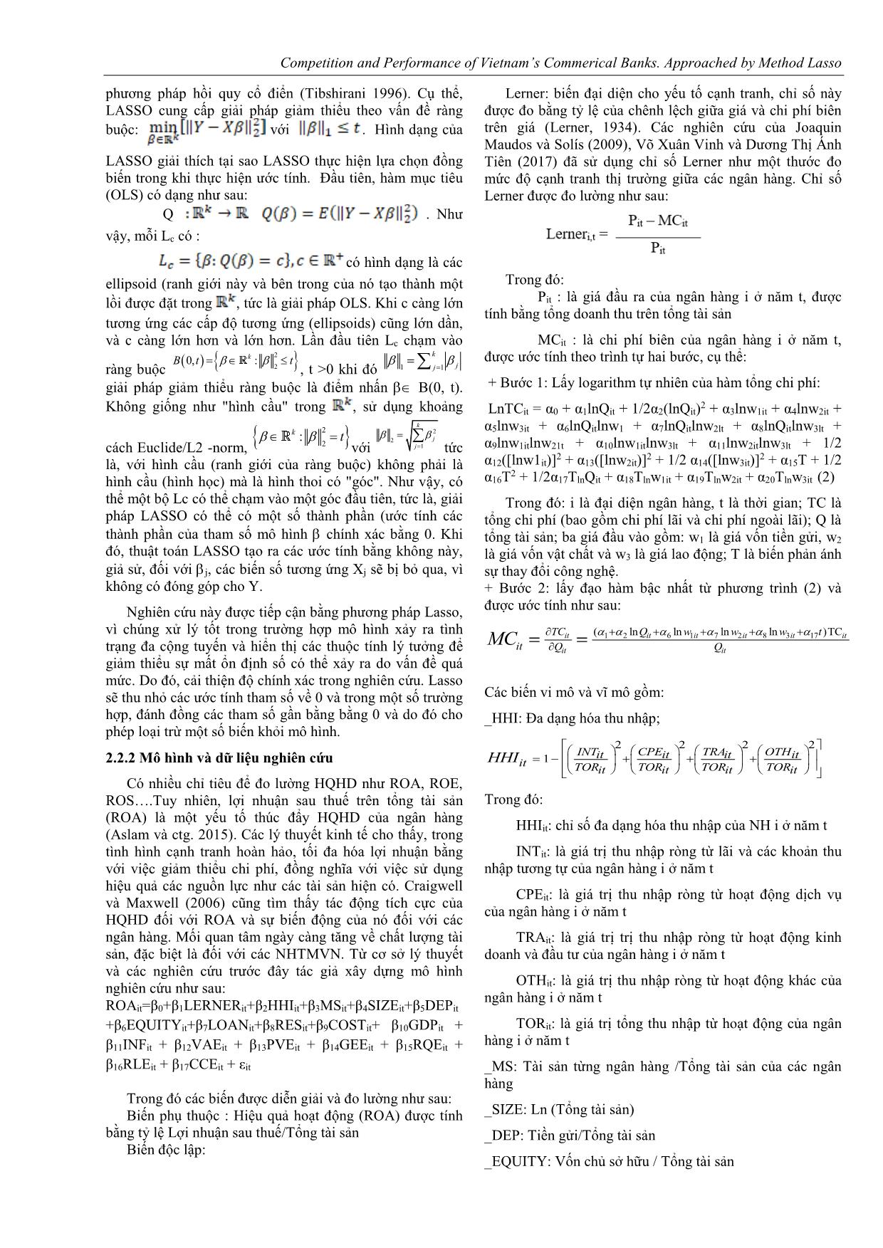 Cạnh tranh và hiệu quả hoạt động của các ngân hàng thương mại tại Việt Nam. Tiếp cận bằng phương pháp Lasso trang 3