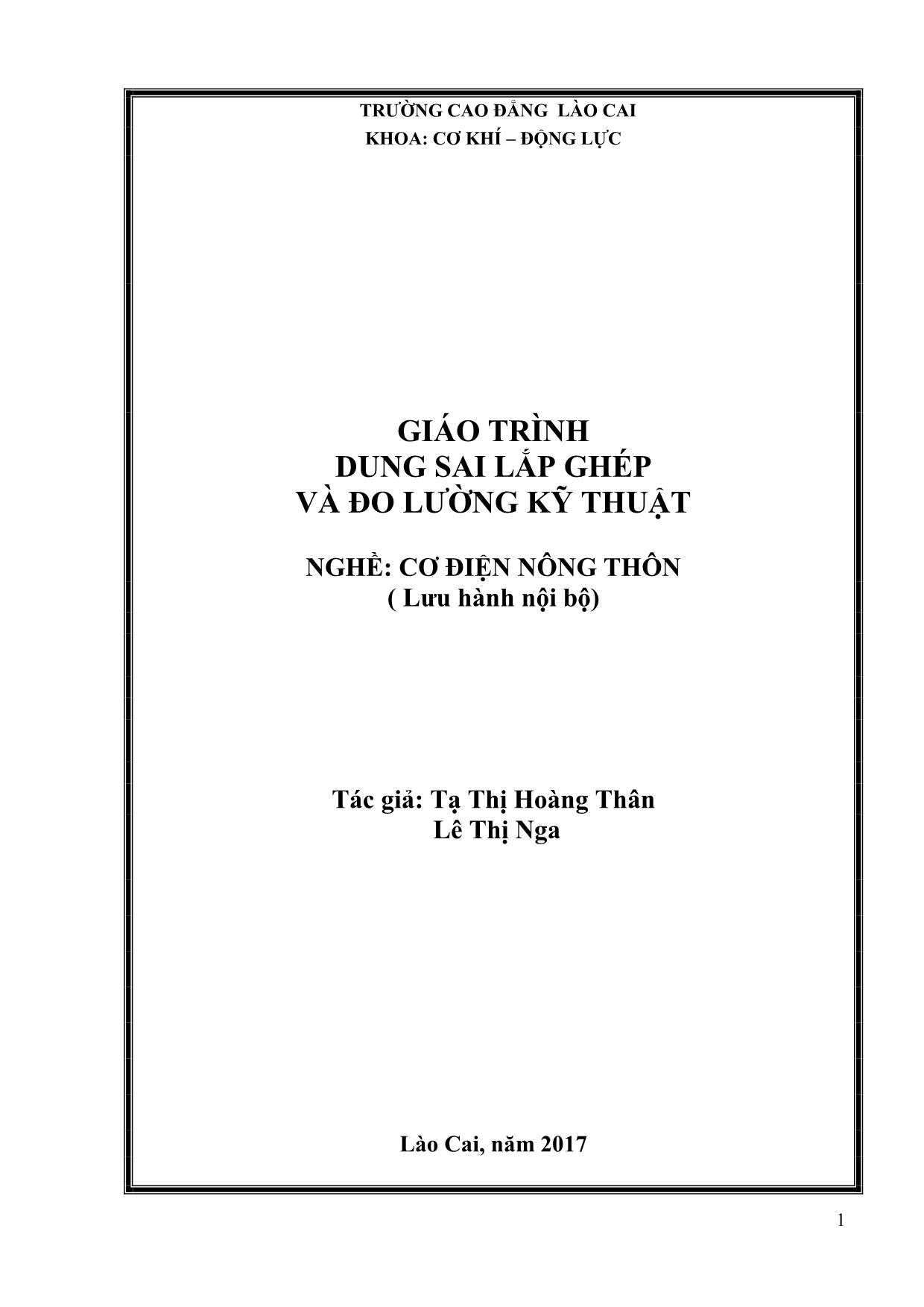 Giáo trình Cơ điện nông thôn - Dung sai lắp ghép và đo lường kỹ thuật trang 1