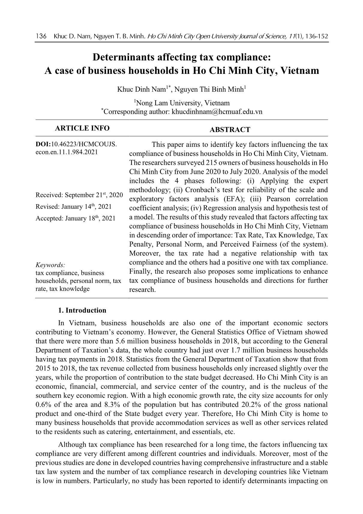 Determinants affecting tax compliance: A case of business households in Ho Chi Minh City, Vietnam trang 1